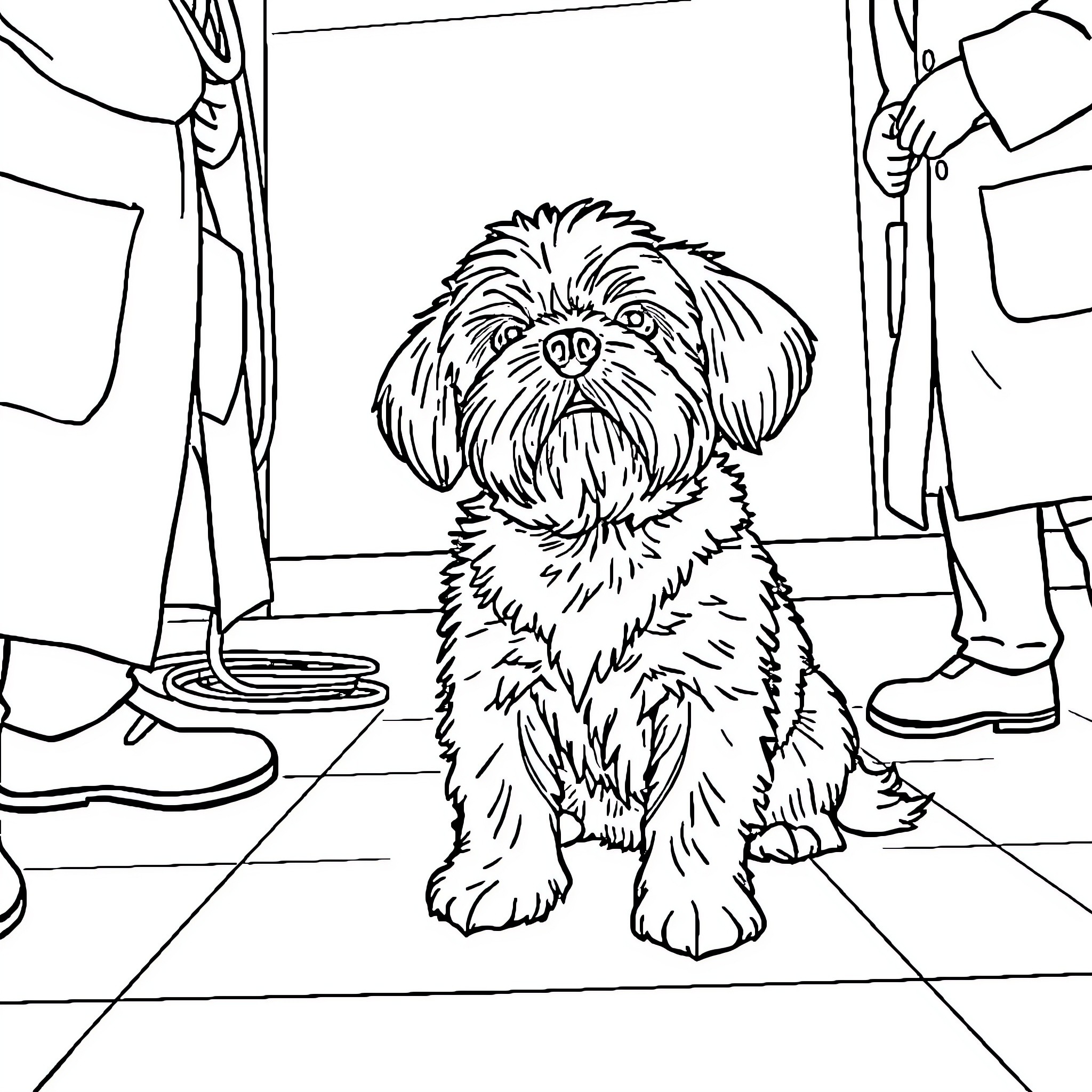 Shitzu waiting patiently in the room Coloring Page (free black-and-white line drawing printable PDF for all, from beginners to advanced learners, including children, teens, adults, and seniors)
