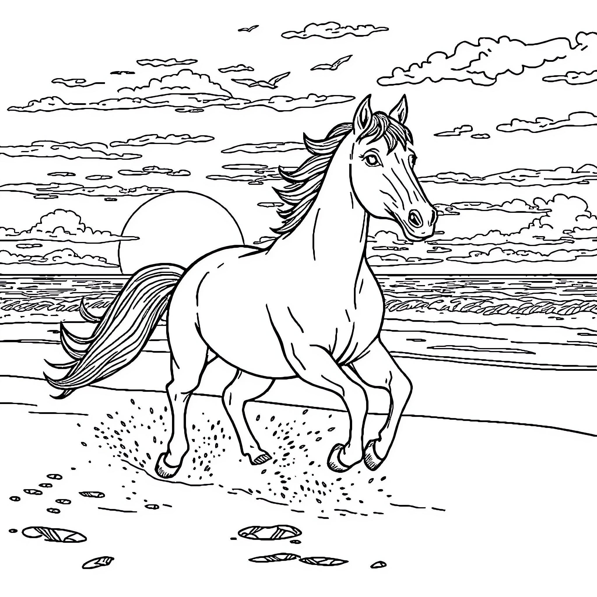 Horse running gracefully in a scenic sunset landscape Coloring Page (free black-and-white line drawing printable PDF for all, from beginners to advanced learners, including children, teens, adults, and seniors)