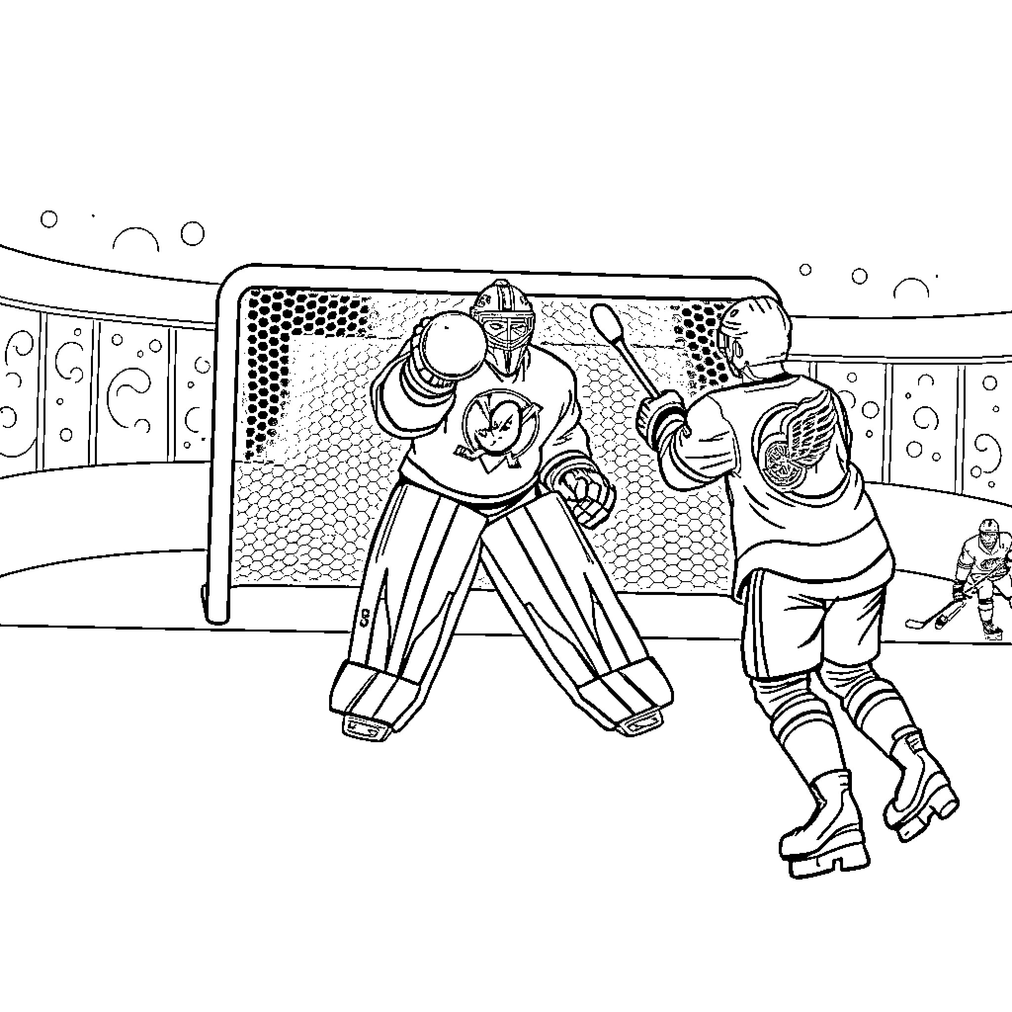 Hockey players in action on the ice rink Coloring Page (free black-and-white line drawing printable PDF for all, from beginners to advanced learners, including children, teens, adults, and seniors)
