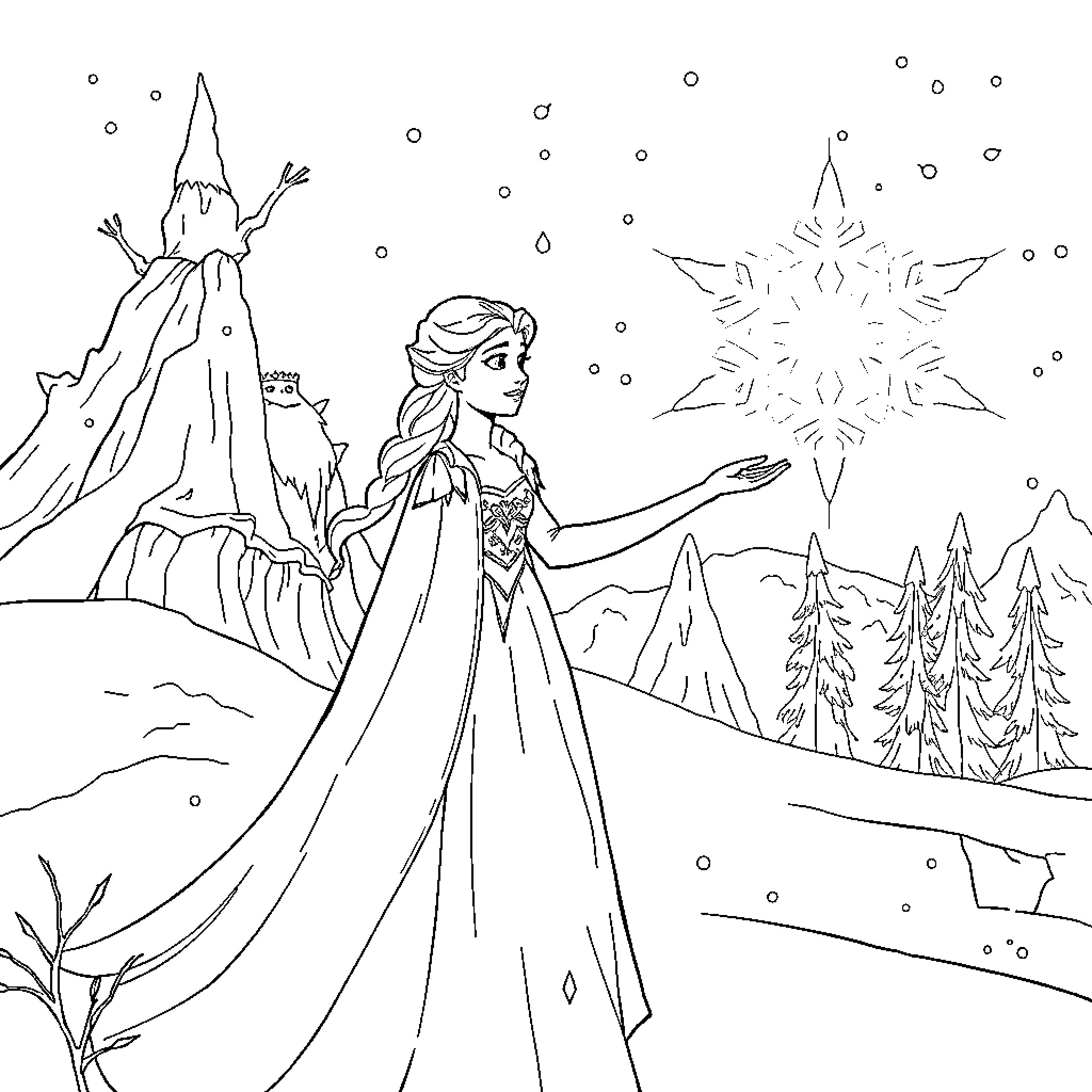 Snow Queen's Icy Realm Coloring Page (free black-and-white line drawing printable PDF for all, from beginners to advanced learners, including children, teens, adults, and seniors)