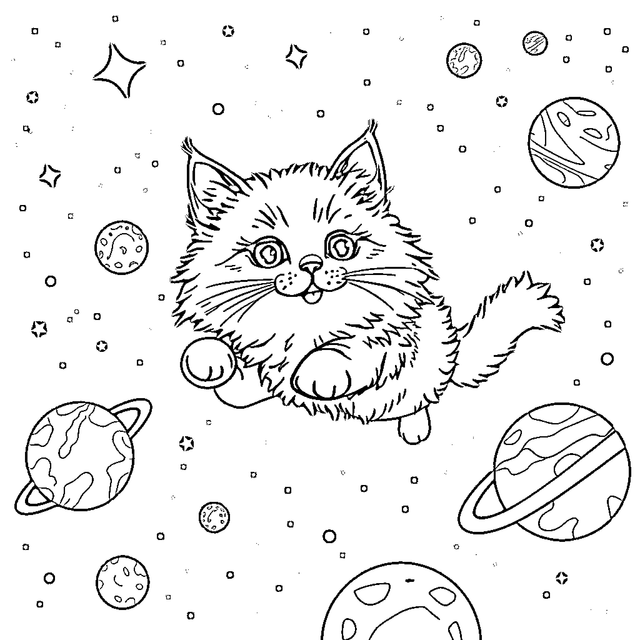 Flying Cat exploring the cosmic universe Coloring Page (free black-and-white line drawing printable PDF for all, from beginners to advanced learners, including children, teens, adults, and seniors)