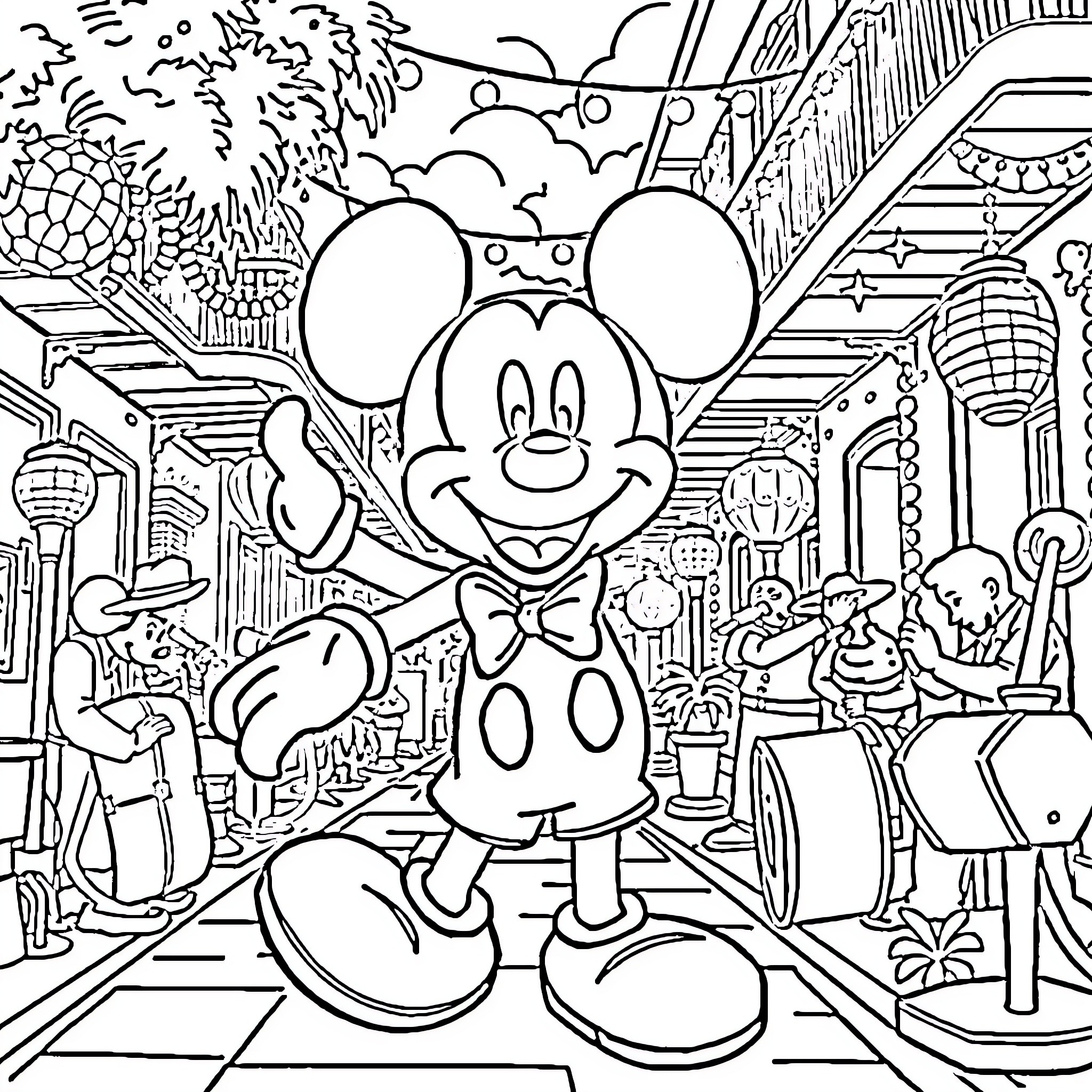 Mickey Mouse enjoying a day at the carnival Coloring Page (free black-and-white line drawing printable PDF for all, from beginners to advanced learners, including children, teens, adults, and seniors)
