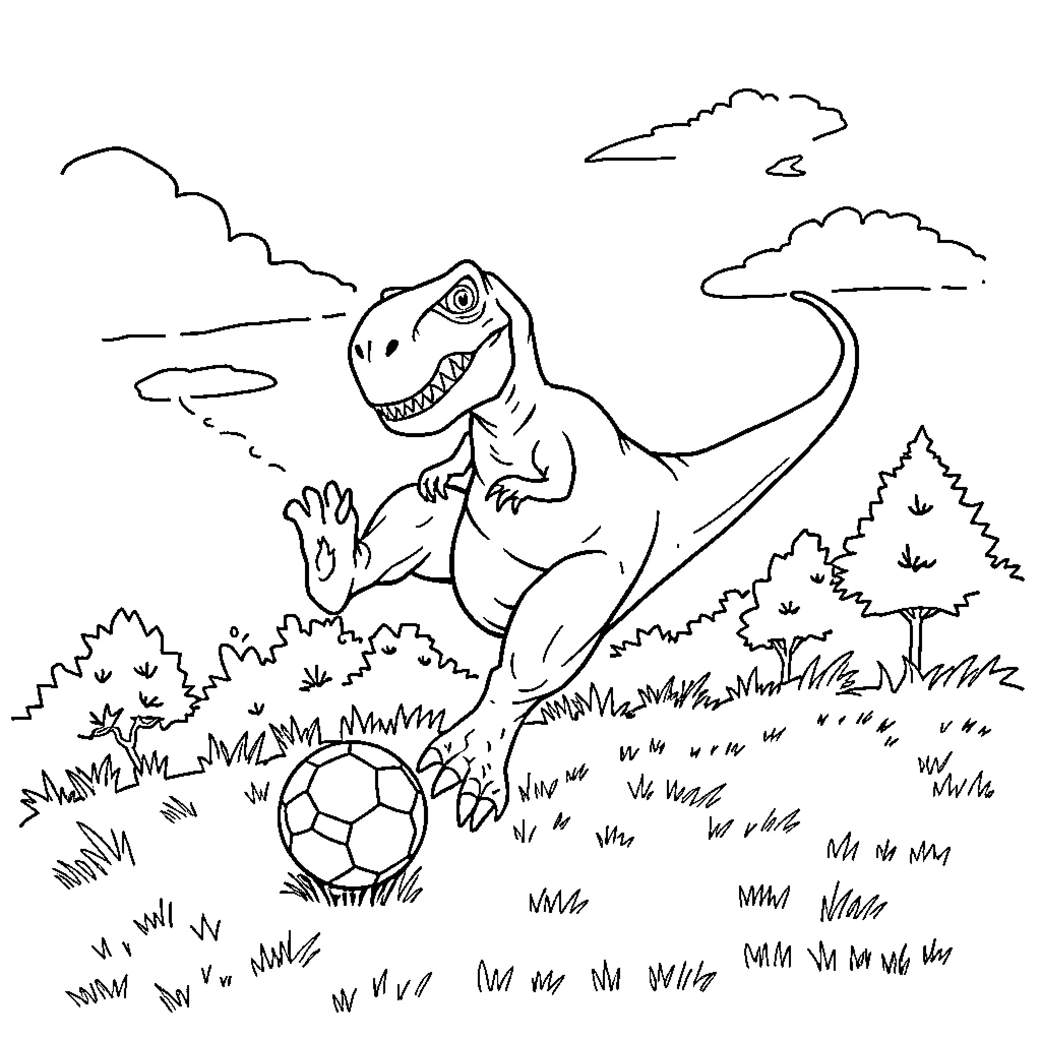 T-Rex playing soccer in a grassy field Coloring Page (free black-and-white line drawing printable PDF for all, from beginners to advanced learners, including children, teens, adults, and seniors)