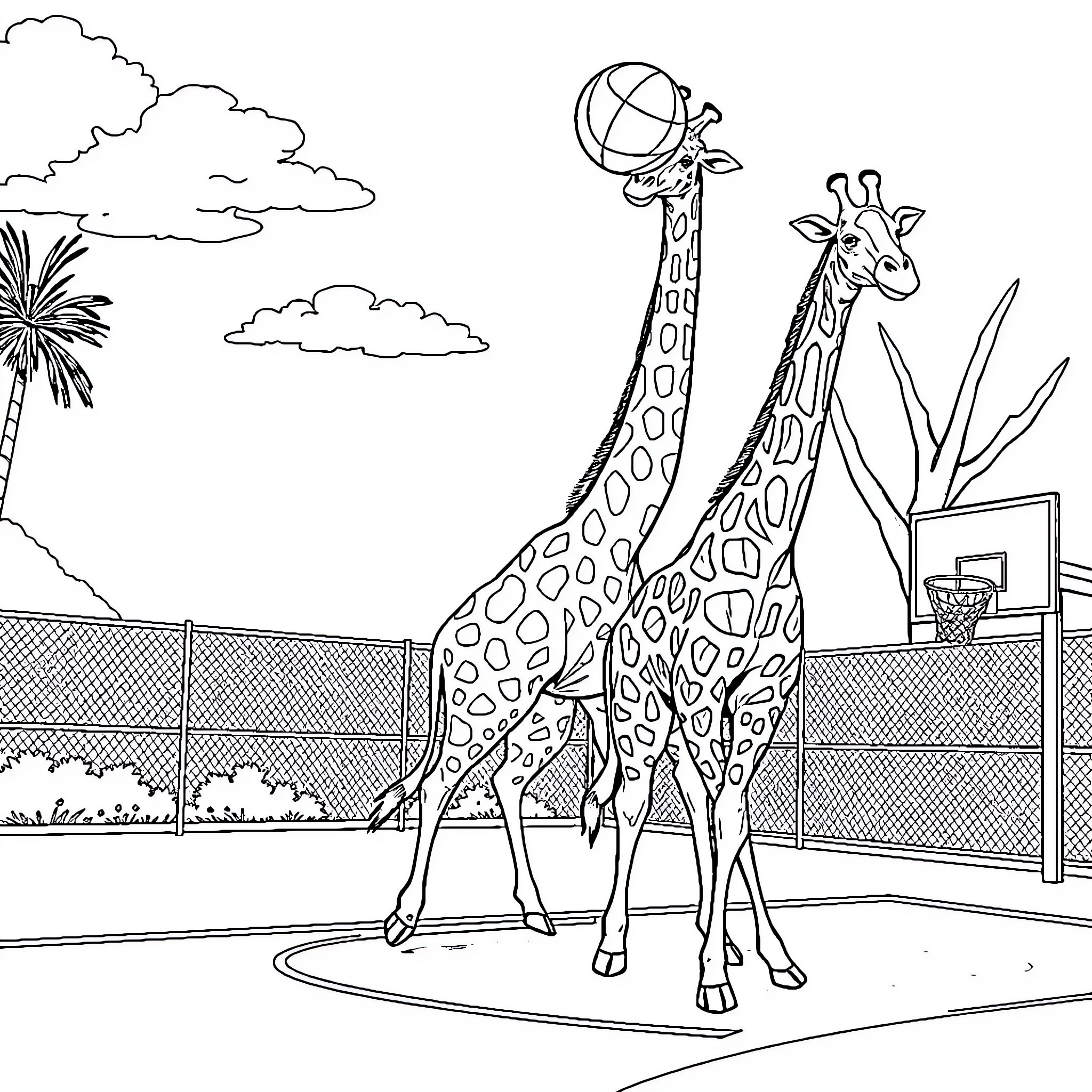 Giraffes playing in the zoo Coloring Page (free black-and-white line drawing printable PDF for all, from beginners to advanced learners, including children, teens, adults, and seniors)