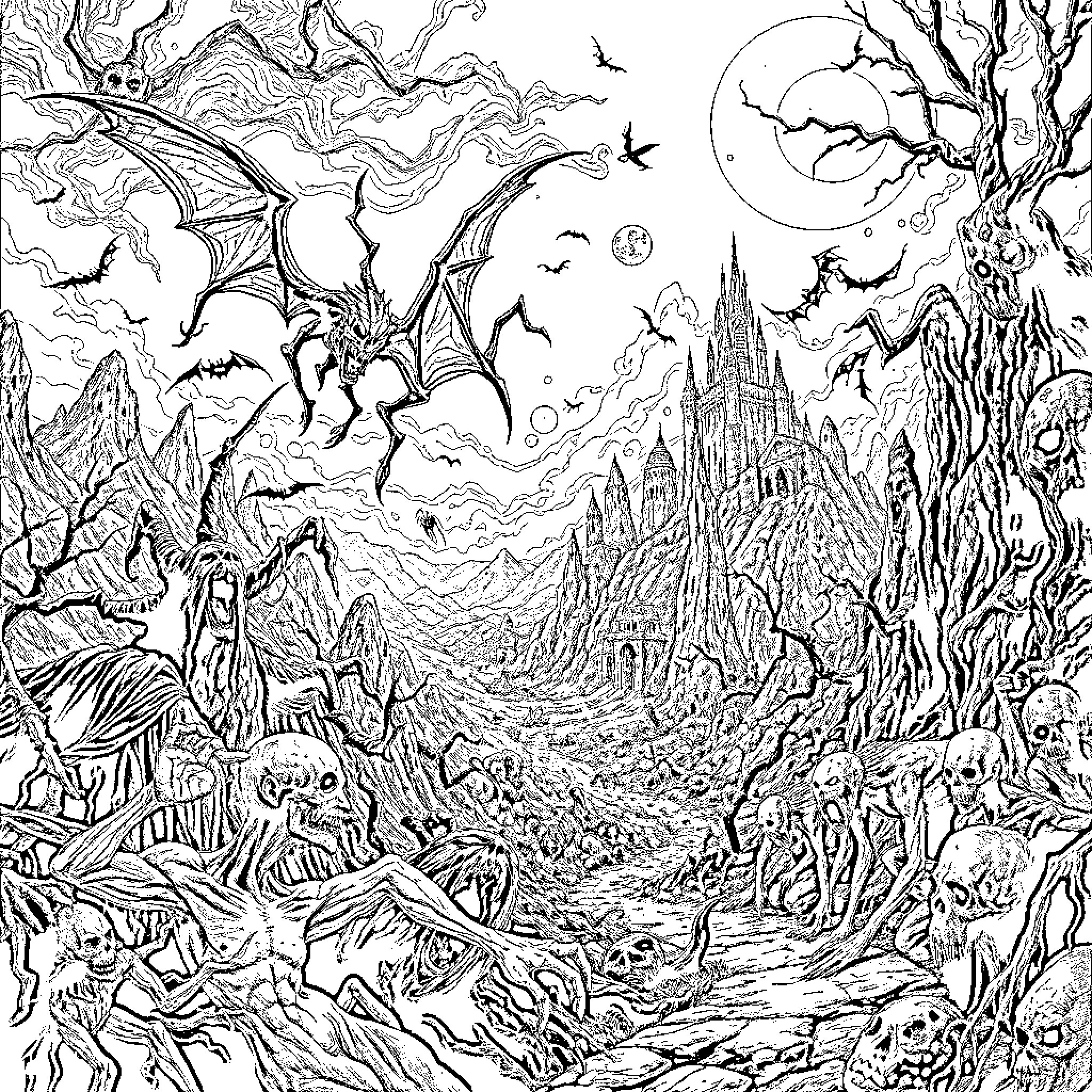 Fantasy Realm of Mythical Creatures and Enchanting Landscapes Coloring Page (free black-and-white line drawing printable PDF for all, from beginners to advanced learners, including children, teens, adults, and seniors)