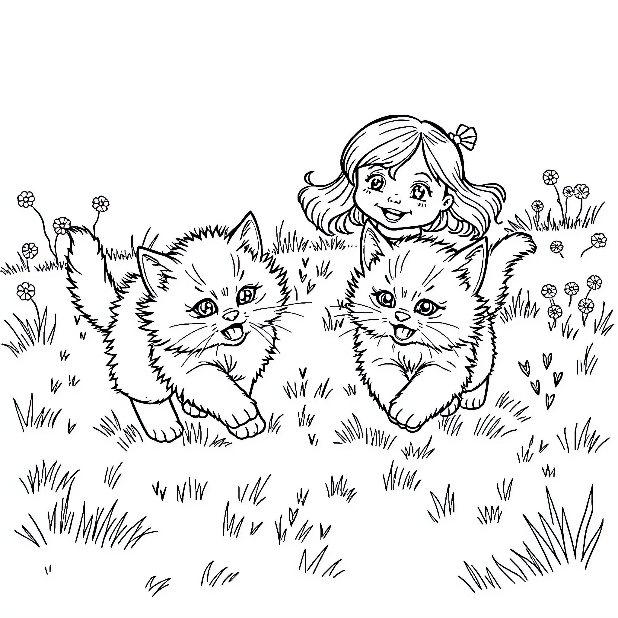 Kitten playing with two fuzzy kittens in the grass Coloring Page (free black-and-white line drawing printable PDF for all, from beginners to advanced learners, including children, teens, adults, and seniors)