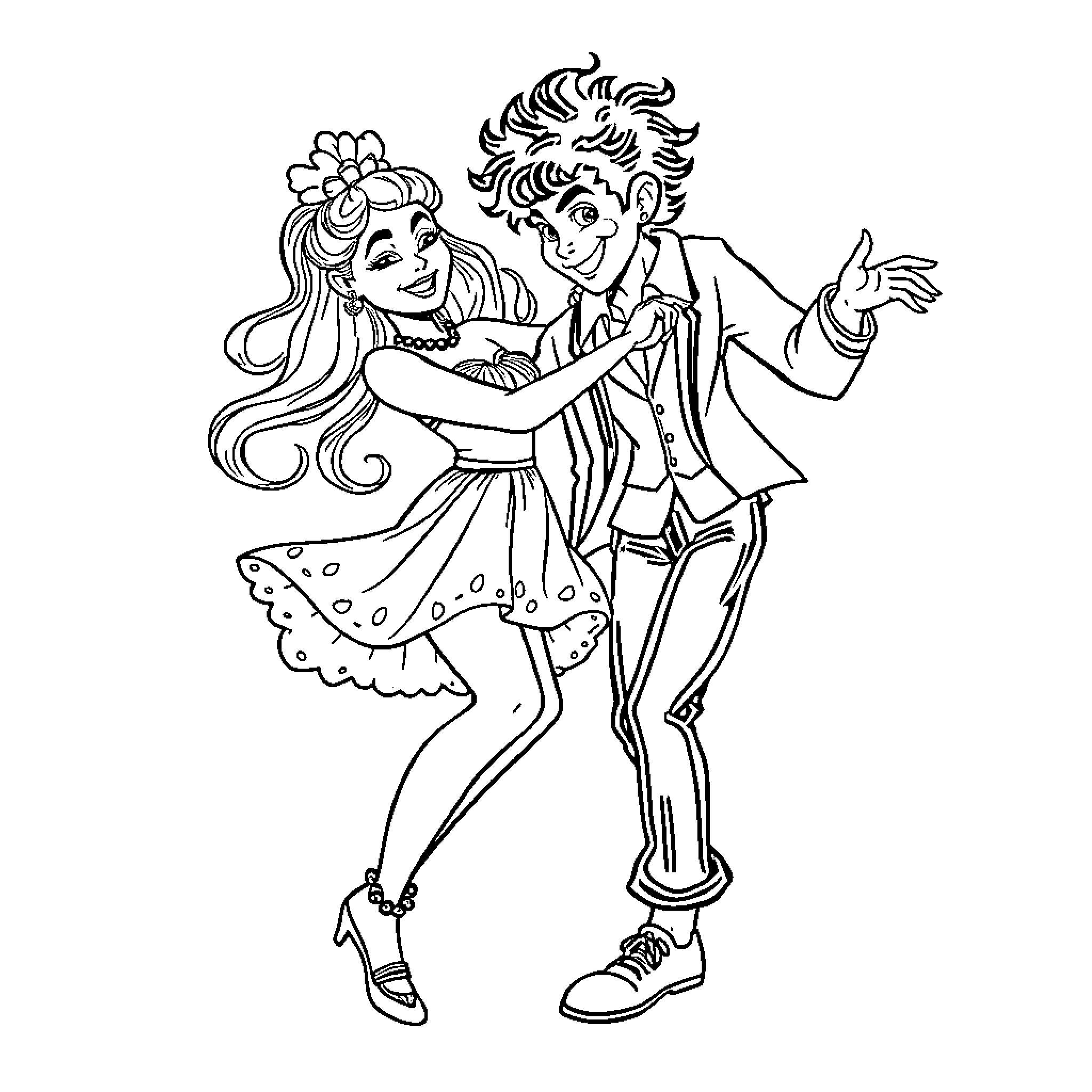 Skibidi - Quirky Couple's Playful Dance Coloring Page (free black-and-white line drawing printable PDF for all, from beginners to advanced learners, including children, teens, adults, and seniors)