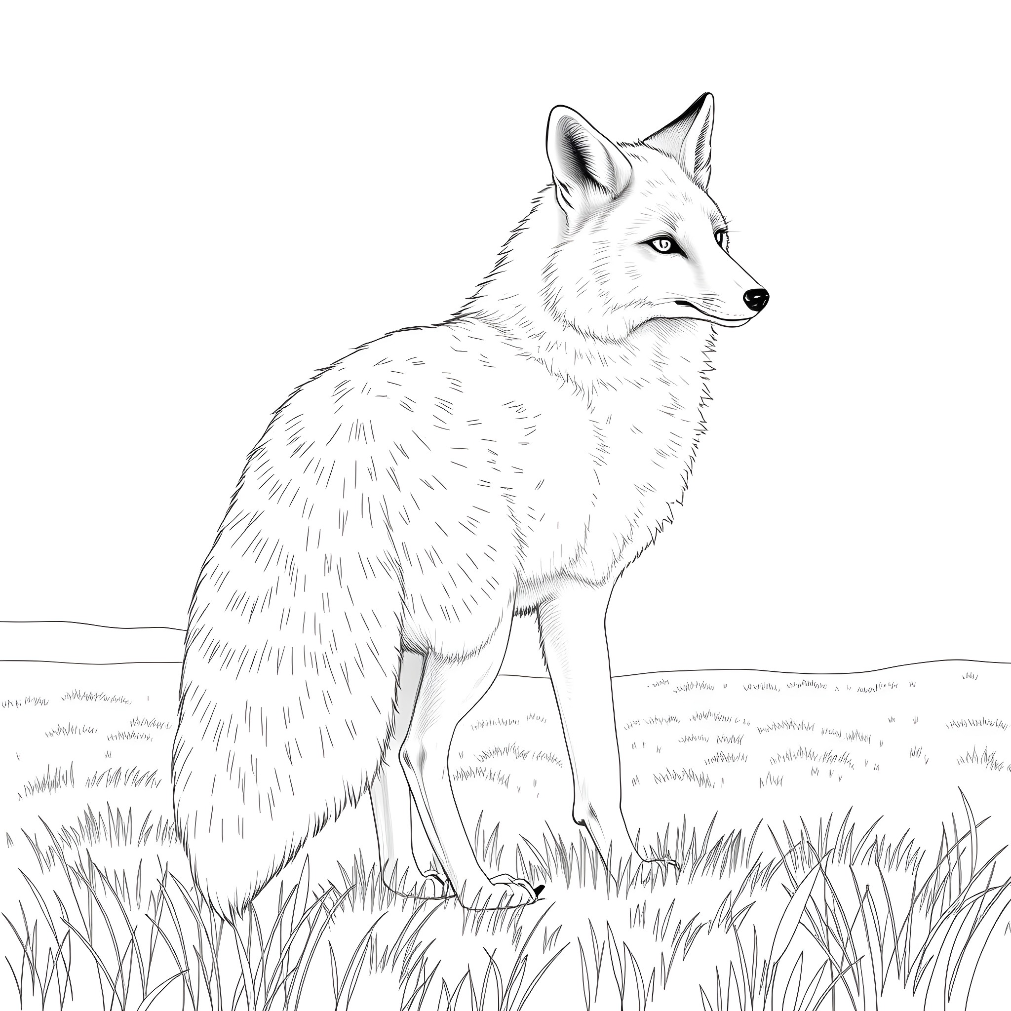Fox standing alert in grassy field Coloring Page (free black-and-white line drawing printable PDF for all, from beginners to advanced learners, including children, teens, adults, and seniors)