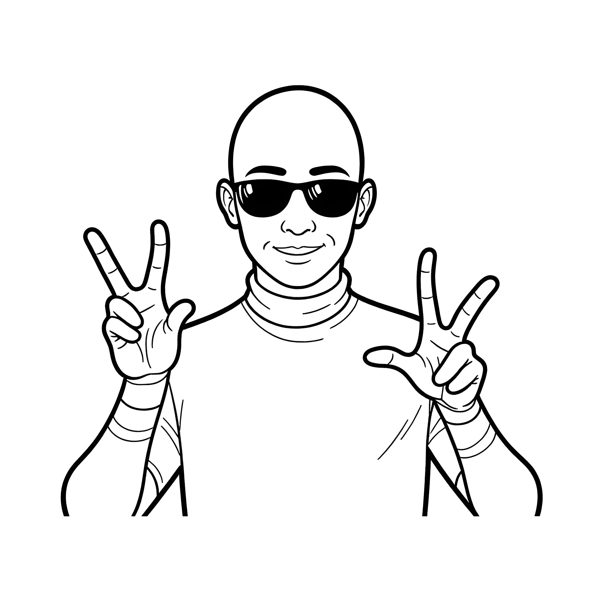 Man making peace sign with hands while wearing sunglasses Coloring Page (free black-and-white line drawing printable PDF for all, from beginners to advanced learners, including children, teens, adults, and seniors)