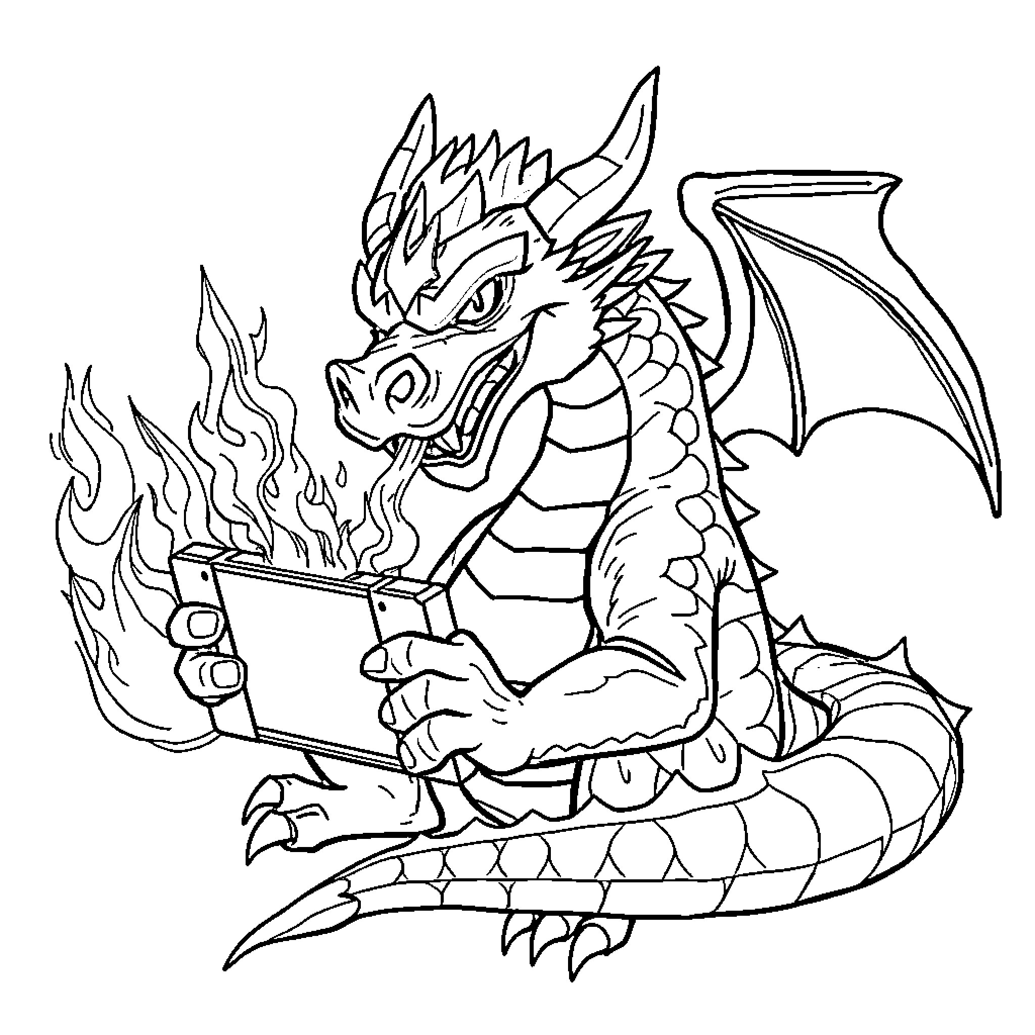 Dragon playing video game with fire Coloring Page (free black-and-white line drawing printable PDF for all, from beginners to advanced learners, including children, teens, adults, and seniors)
