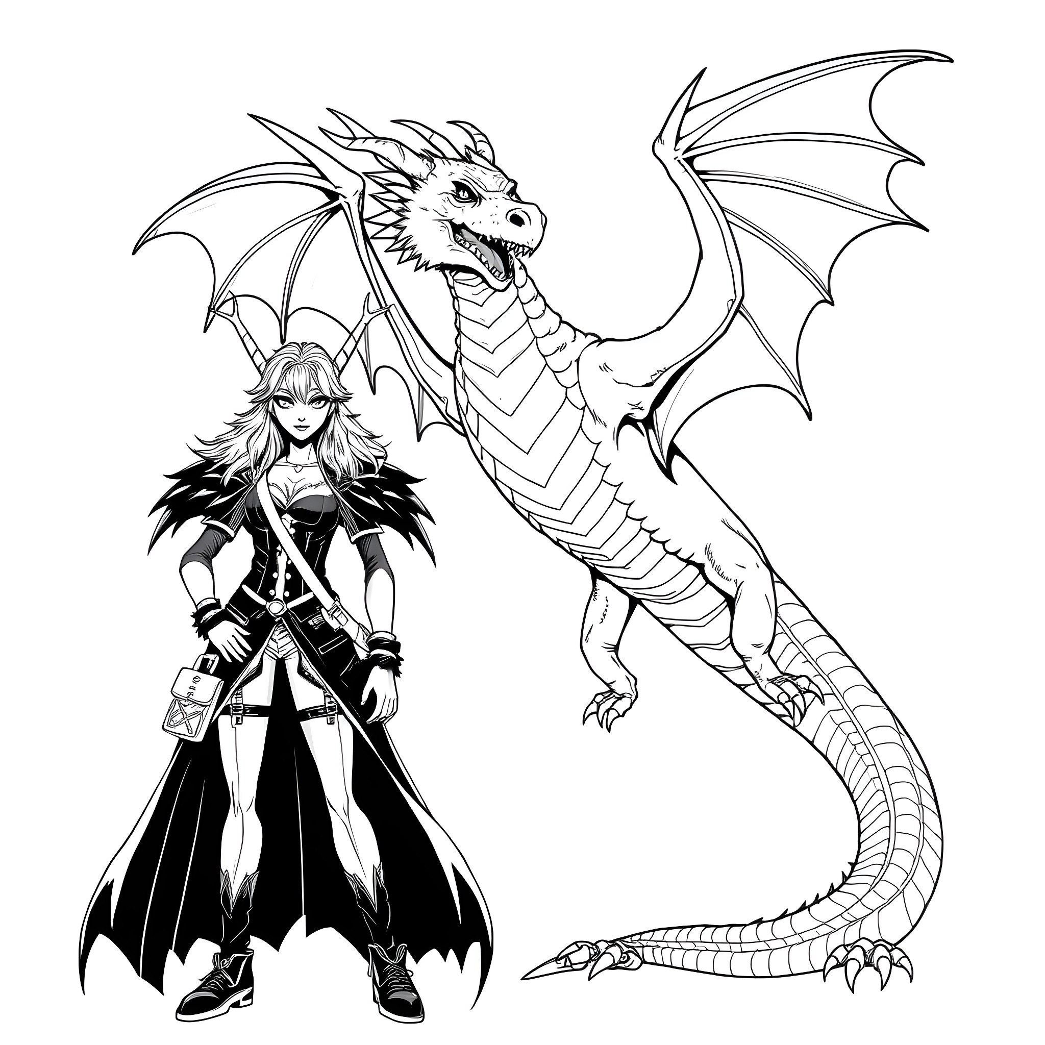 Baddie Warrior with Fearsome Dragon Coloring Page (free black-and-white line drawing printable PDF for all, from beginners to advanced learners, including children, teens, adults, and seniors)