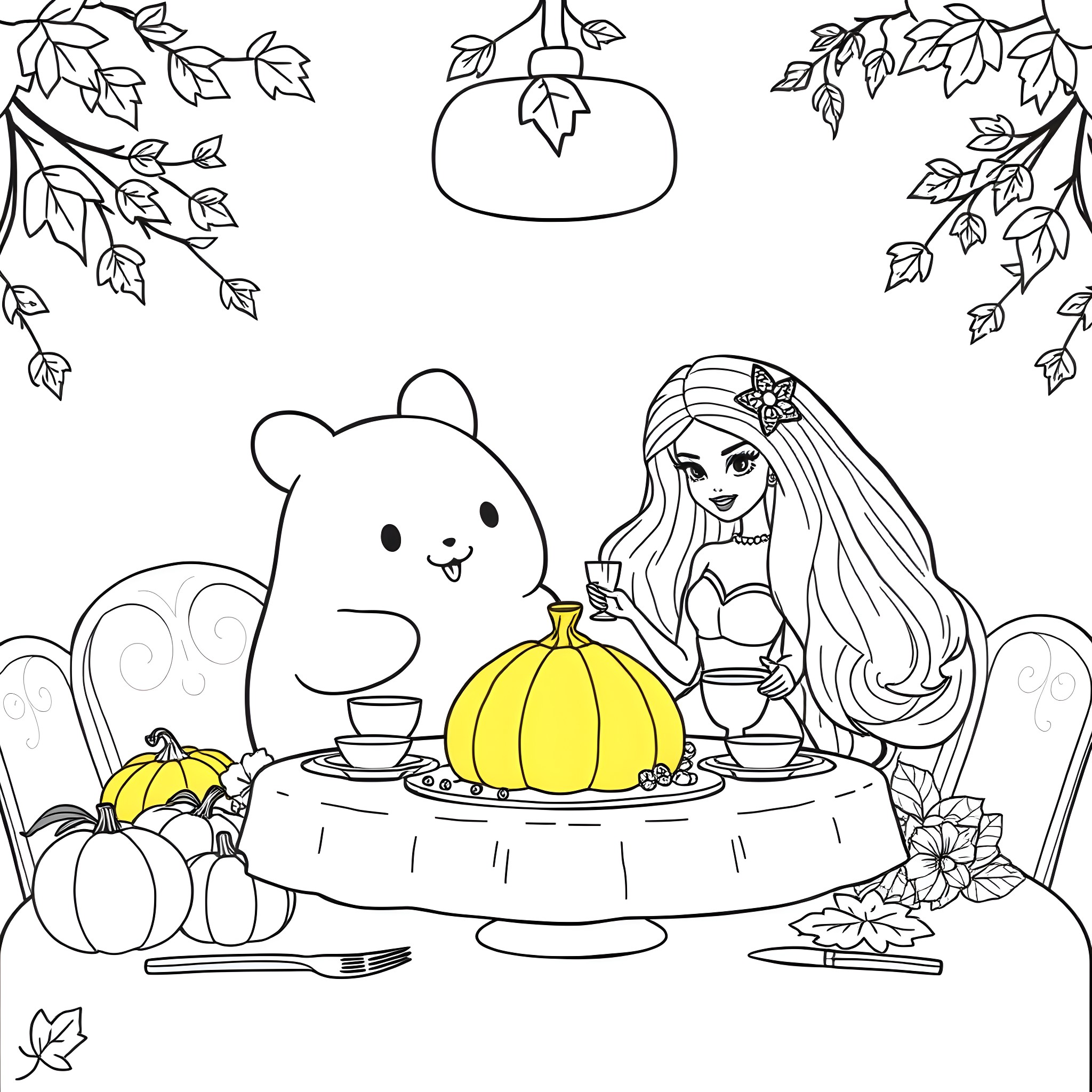 Squish Mellow's Autumn Celebration Coloring Page (free black-and-white line drawing printable PDF for all, from beginners to advanced learners, including children, teens, adults, and seniors)