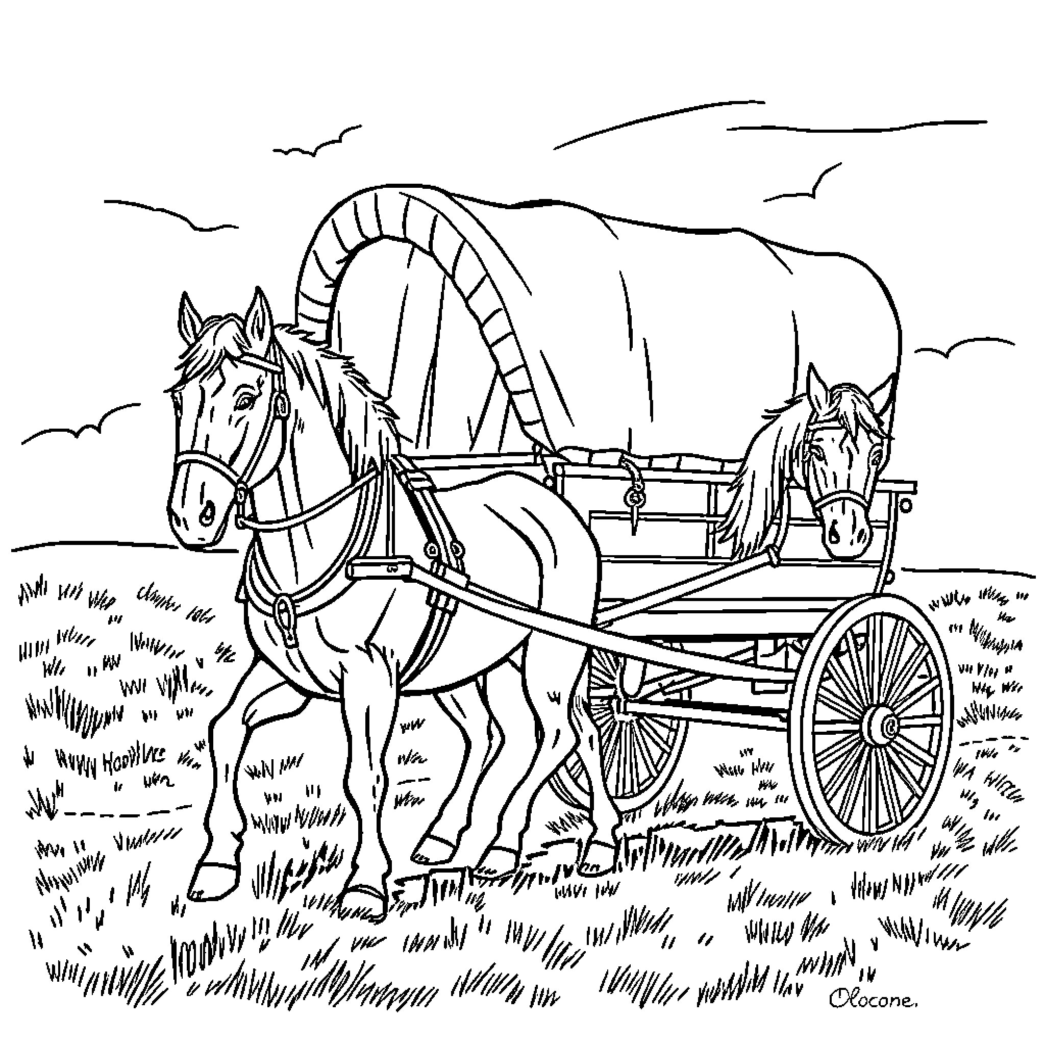 Sooner horses pulling carriage on country road Coloring Page (free black-and-white line drawing printable PDF for all, from beginners to advanced learners, including children, teens, adults, and seniors)