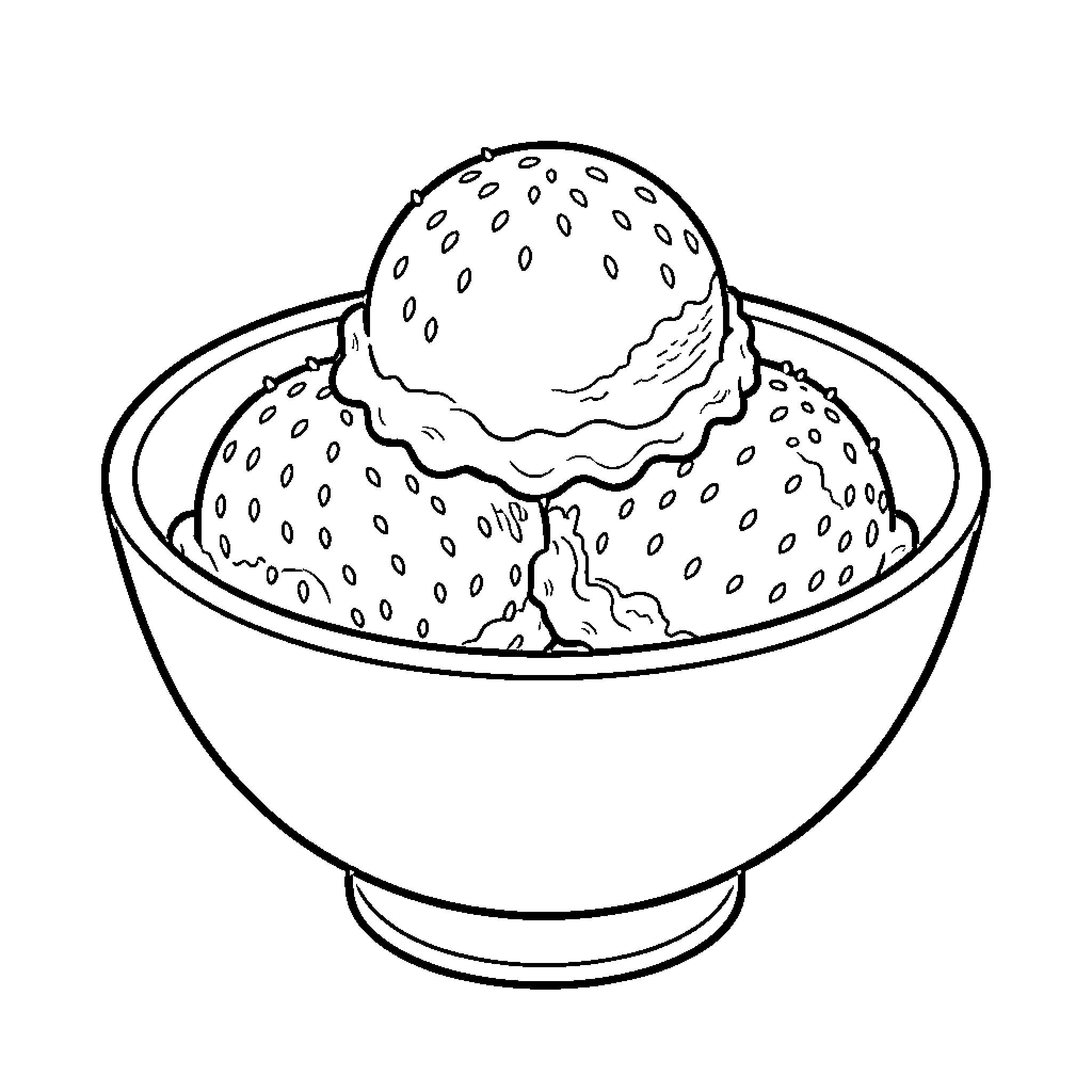 Strawberry ice cream scoops piled in a bowl Coloring Page (free black-and-white line drawing printable PDF for all, from beginners to advanced learners, including children, teens, adults, and seniors)