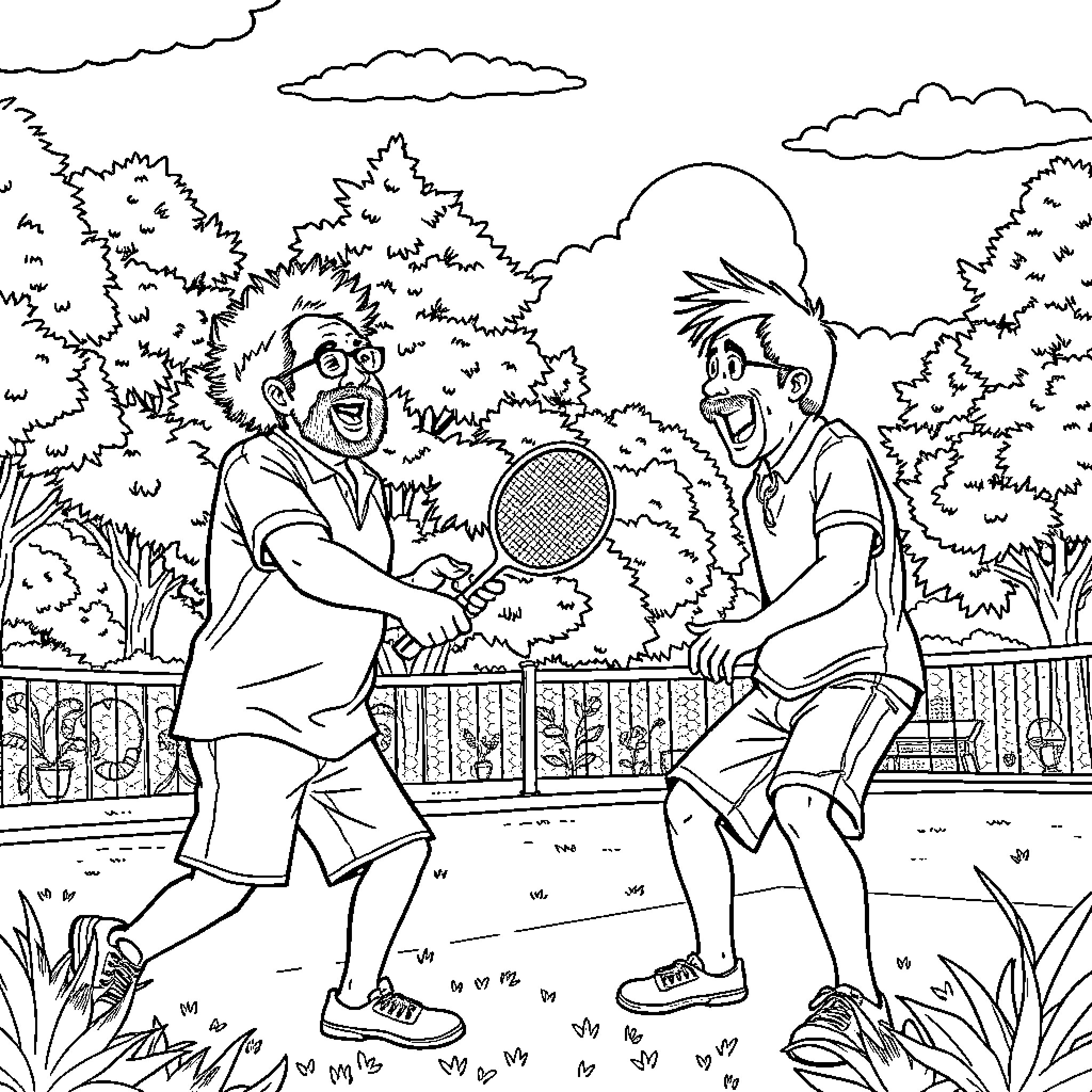 Cheech and Chong's Wacky Tennis Match Coloring Page (free black-and-white line drawing printable PDF for all, from beginners to advanced learners, including children, teens, adults, and seniors)