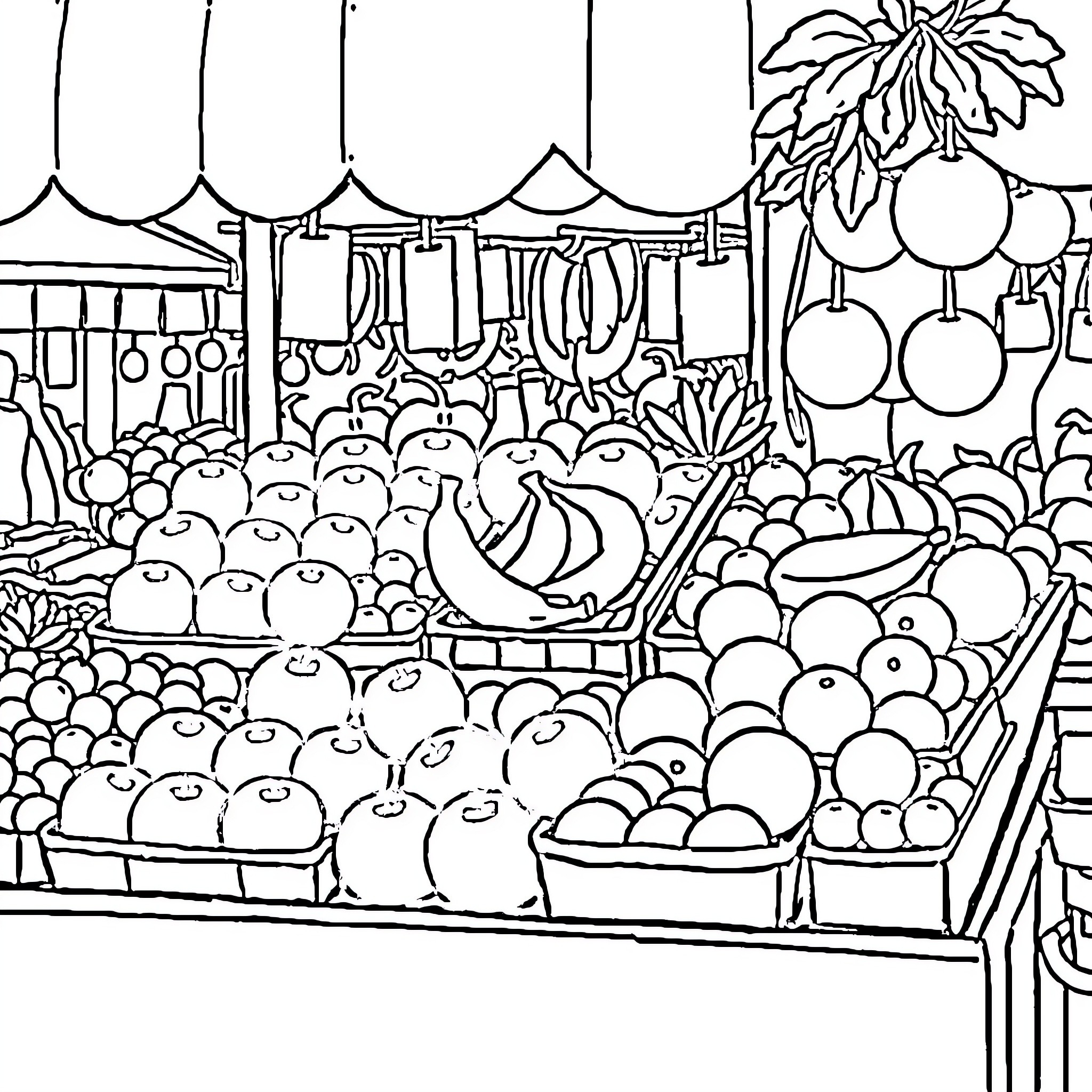 Fruit stalls at a bustling market Coloring Page (free black-and-white line drawing printable PDF for all, from beginners to advanced learners, including children, teens, adults, and seniors)