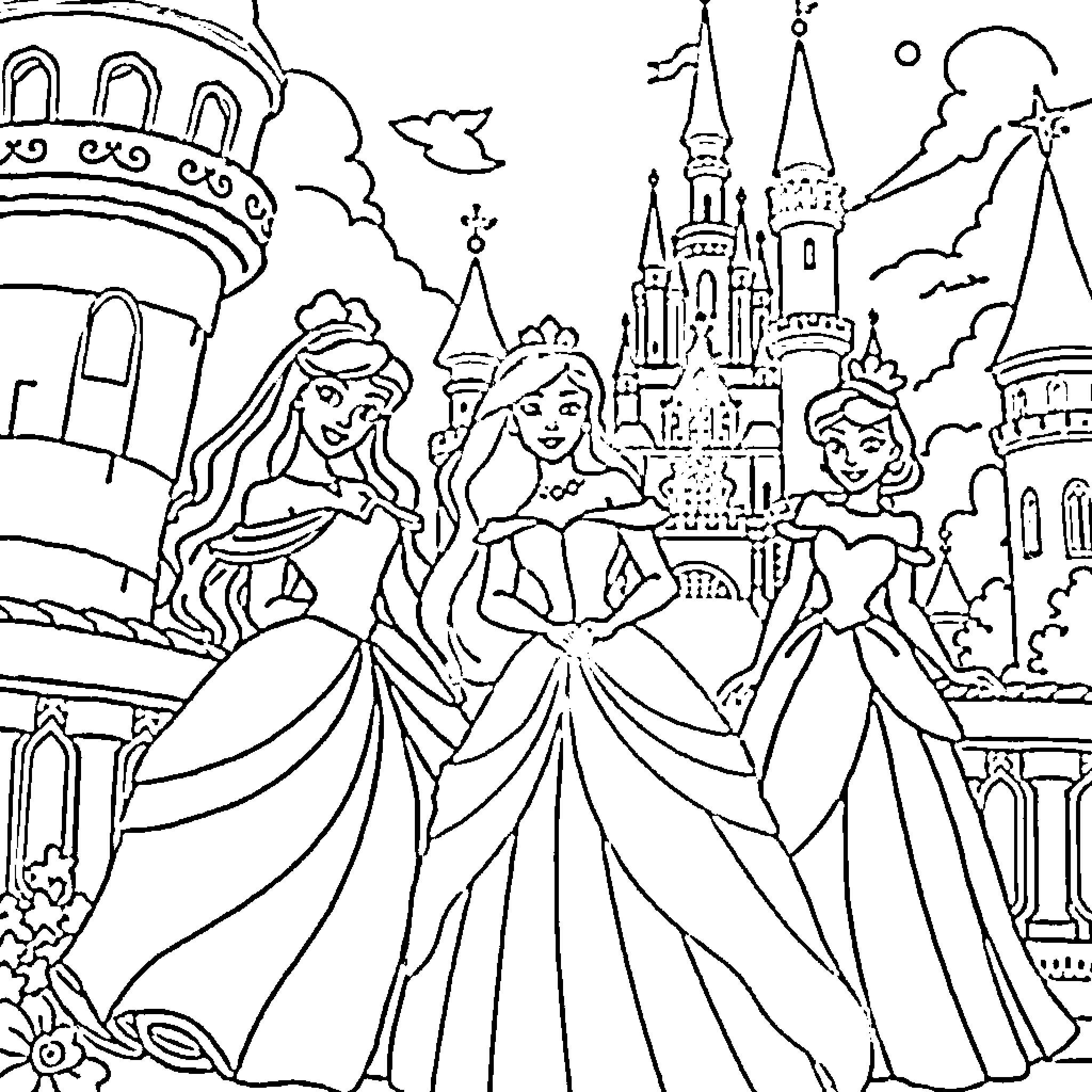 Disney Princesses Gathered at the Enchanted Castle Coloring Page (free black-and-white line drawing printable PDF for all, from beginners to advanced learners, including children, teens, adults, and seniors)