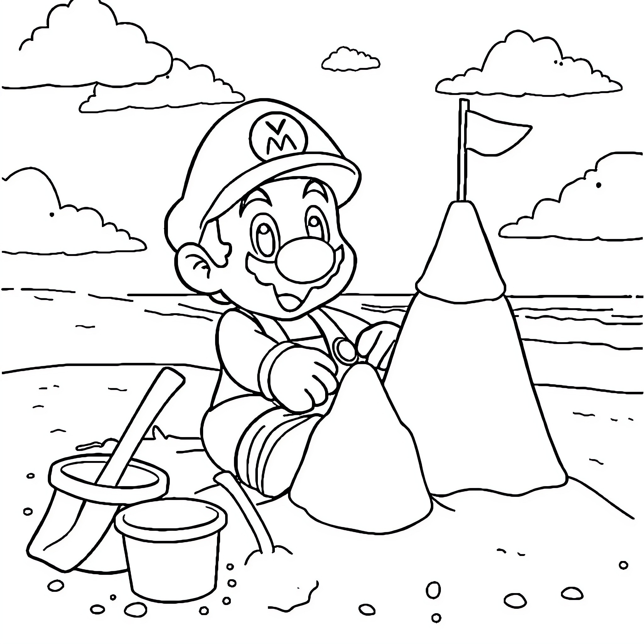 Baby Mario building a sandcastle on the beach Coloring Page (free black-and-white line drawing printable PDF for all, from beginners to advanced learners, including children, teens, adults, and seniors)