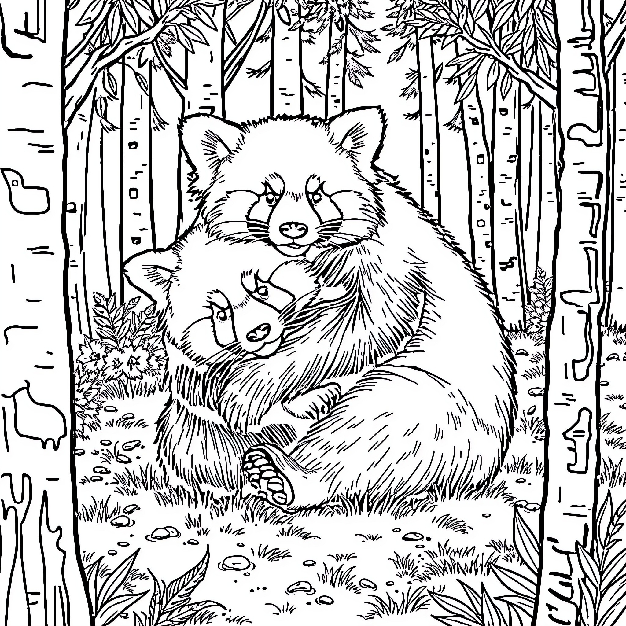 Panda family in forest setting Coloring Page (free black-and-white line drawing printable PDF for all, from beginners to advanced learners, including children, teens, adults, and seniors)