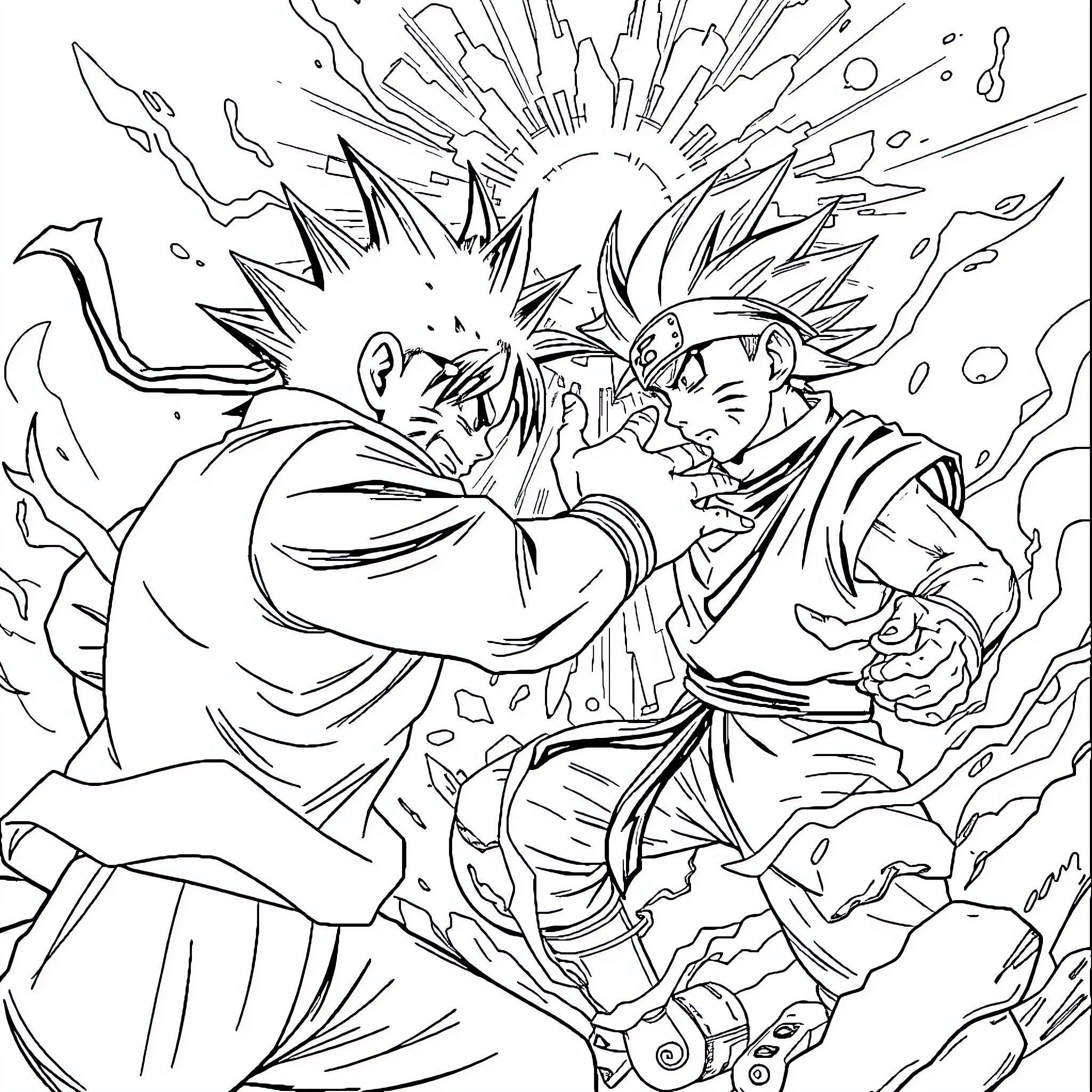 Naruto Characters in Epic Battle Clash Coloring Page (free black-and-white line drawing printable PDF for all, from beginners to advanced learners, including children, teens, adults, and seniors)