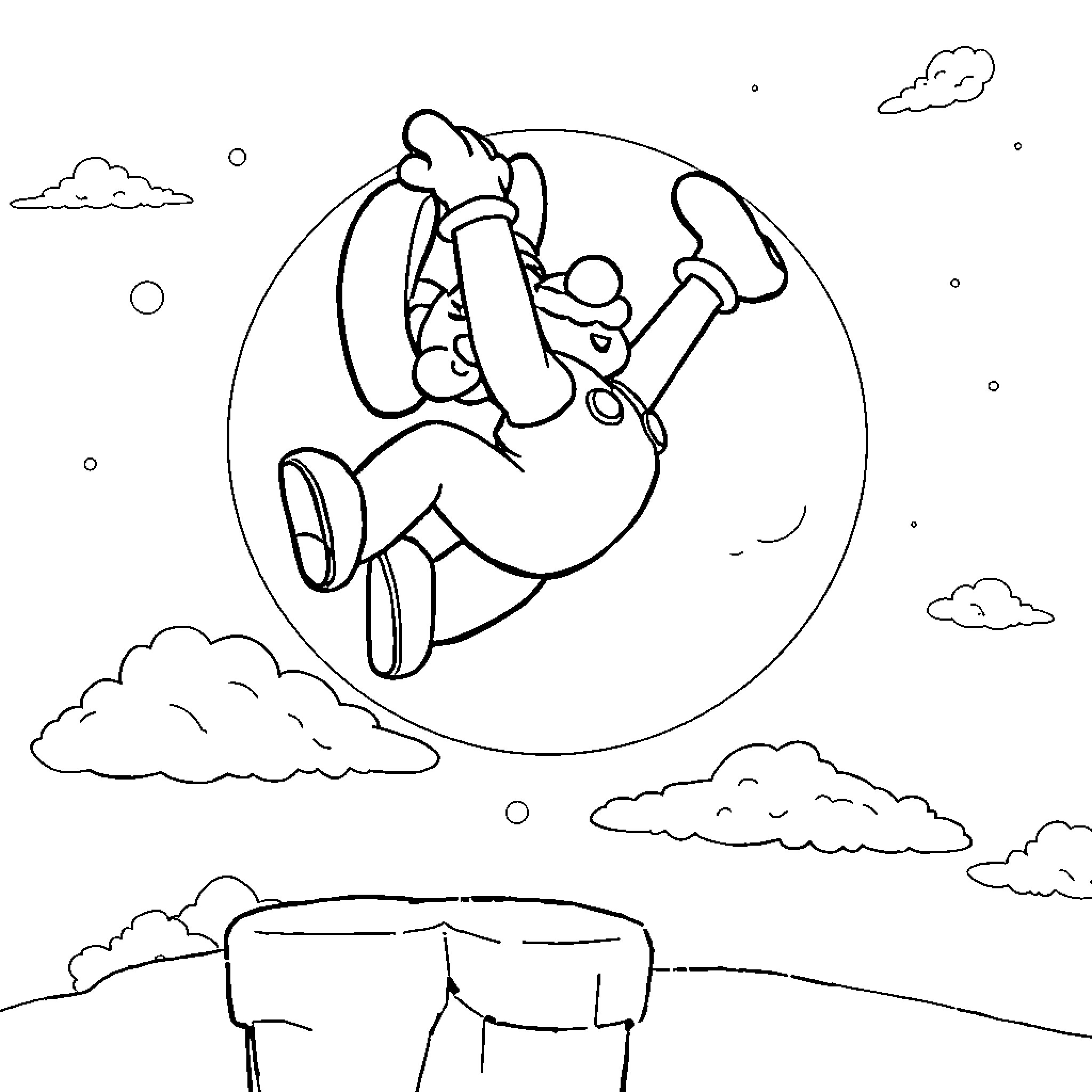 Luigi jumping and tumbling in the sky Coloring Page (free black-and-white line drawing printable PDF for all, from beginners to advanced learners, including children, teens, adults, and seniors)