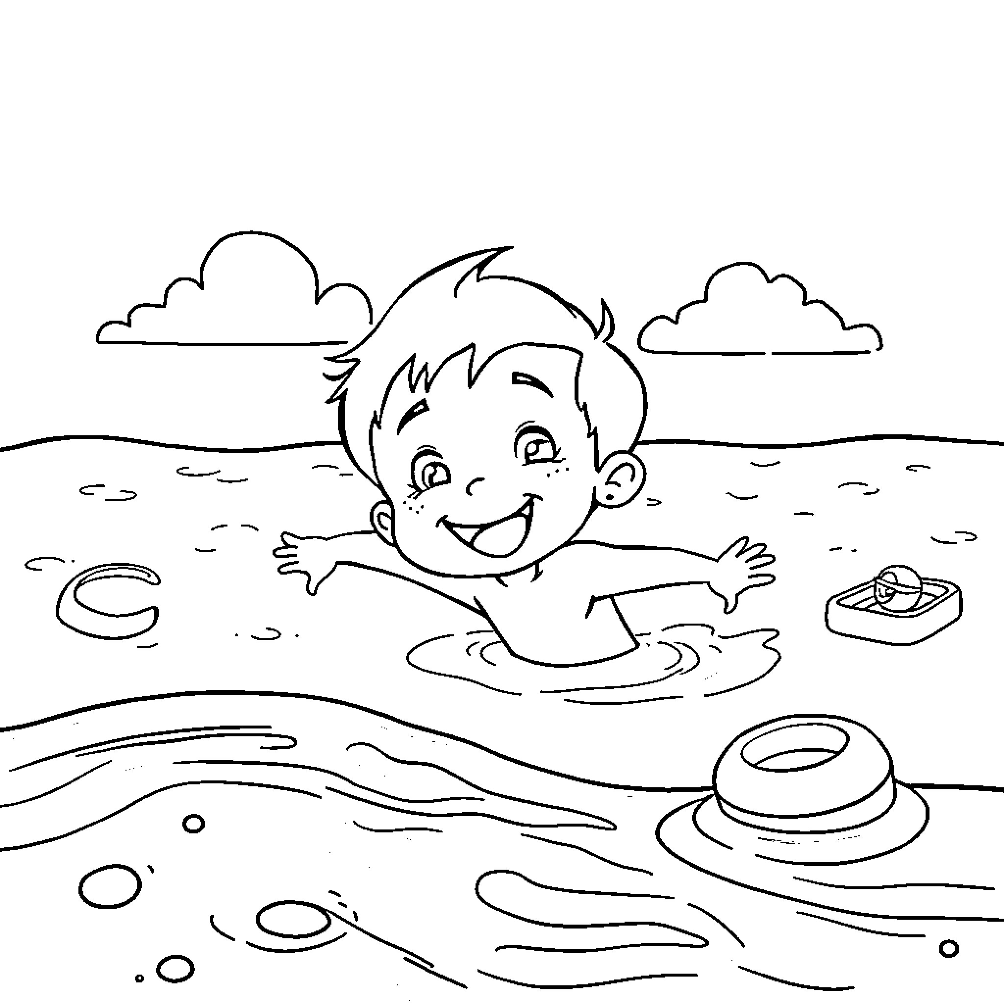 Boy happily swimming in the lake Coloring Page (free black-and-white line drawing printable PDF for all, from beginners to advanced learners, including children, teens, adults, and seniors)