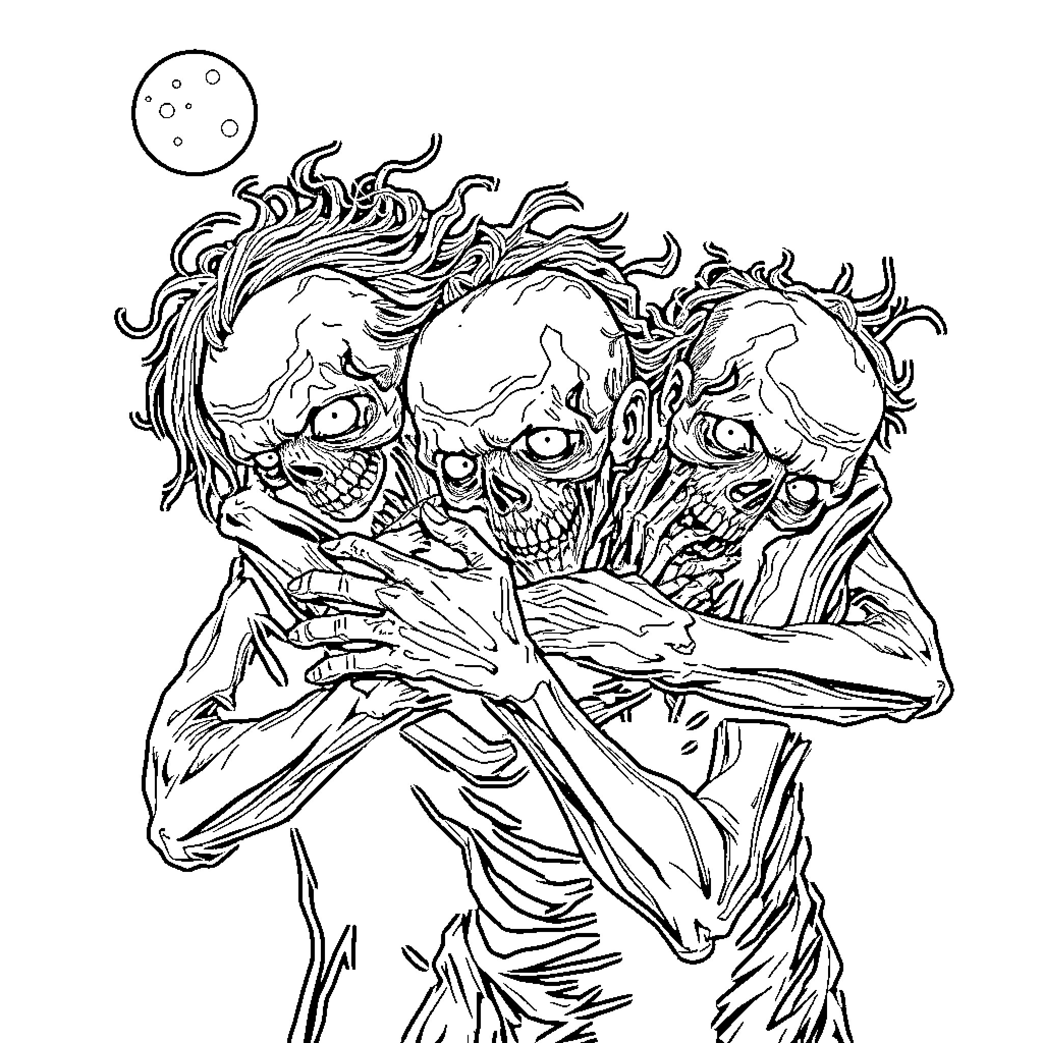Zombie Trio Possessed by Dark Forces Coloring Page (free black-and-white line drawing printable PDF for all, from beginners to advanced learners, including children, teens, adults, and seniors)