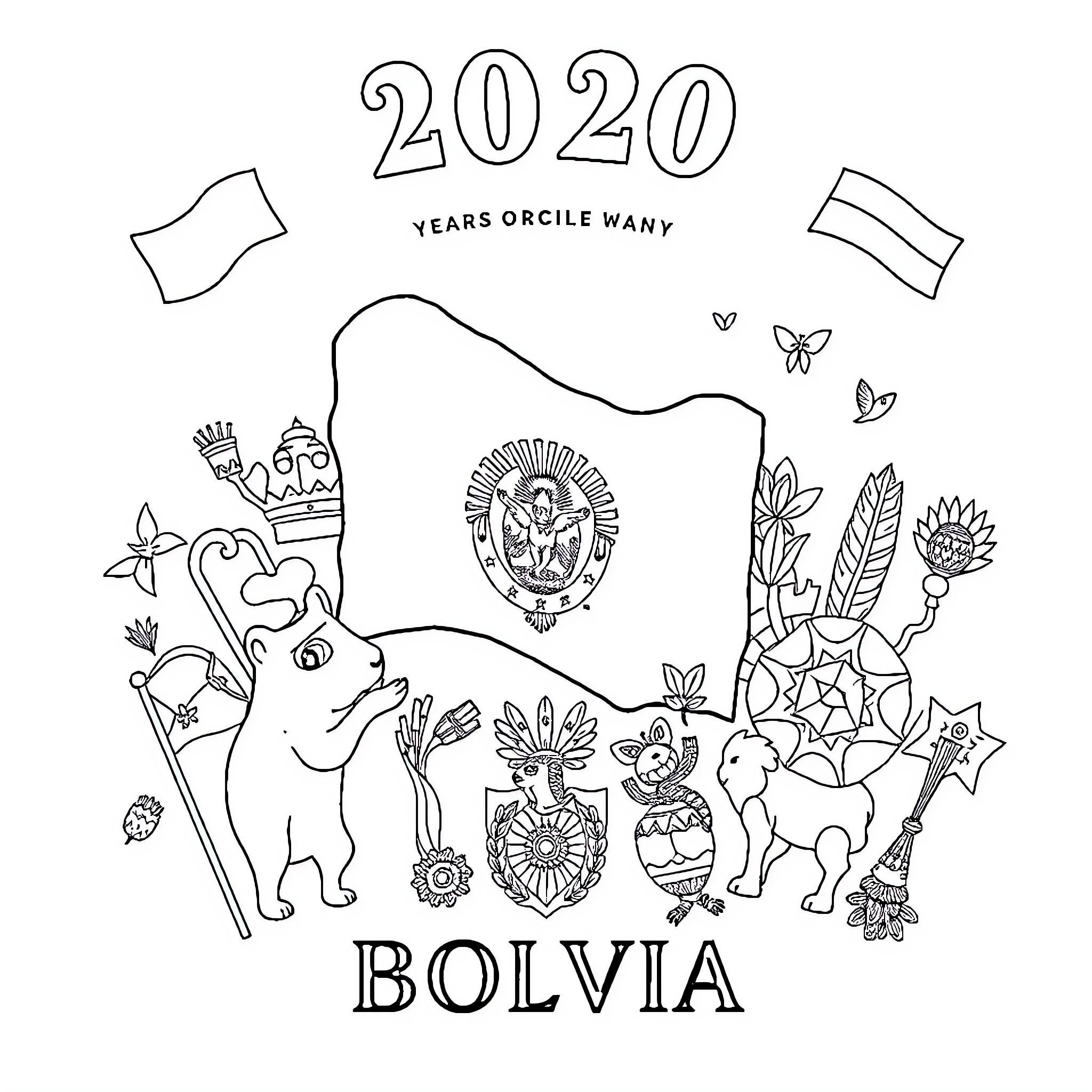 Bolivia: Whimsical folklore figures and nature in 2020 Coloring Page (free black-and-white line drawing printable PDF for all, from beginners to advanced learners, including children, teens, adults, and seniors)
