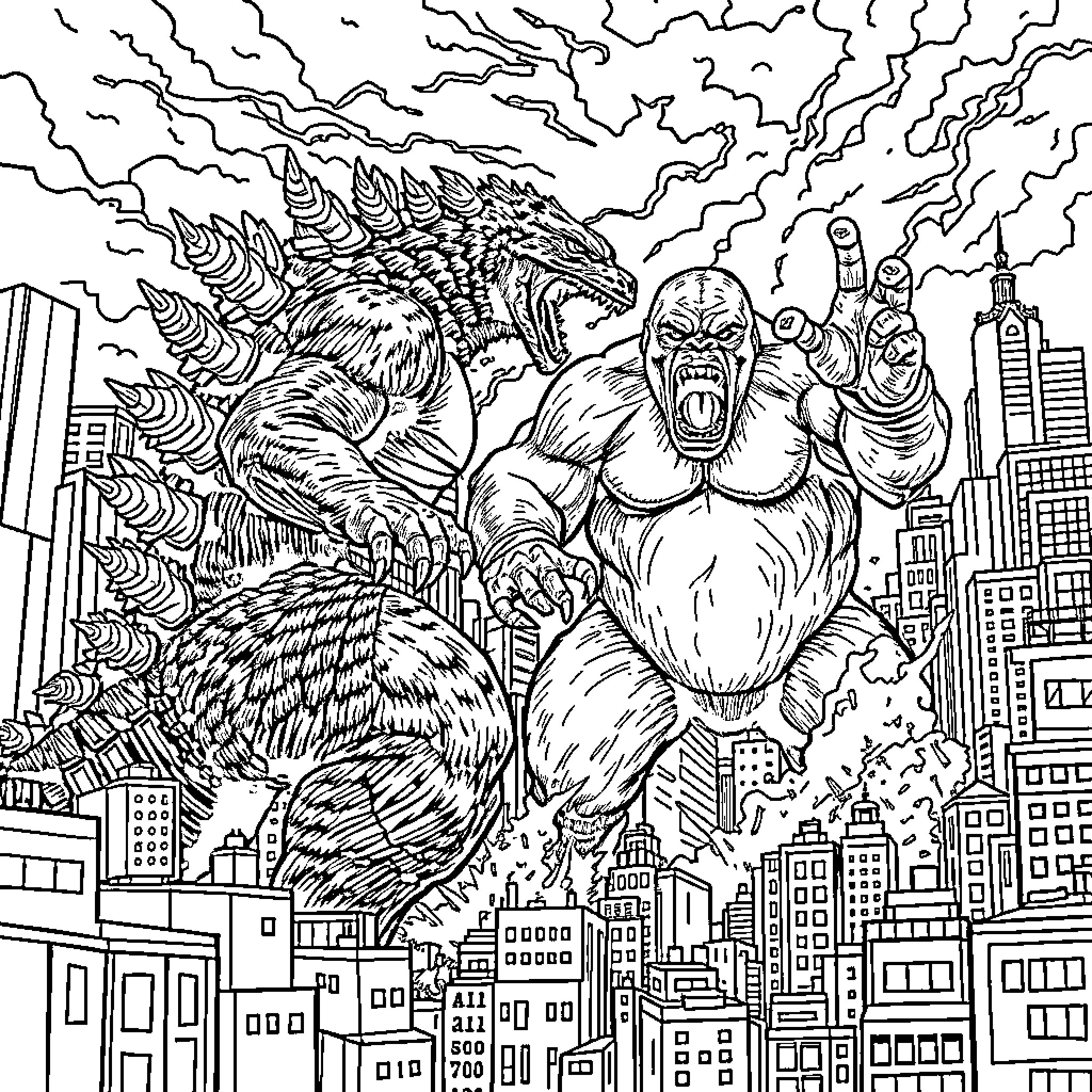 Godzilla and Gorilla Rampage in the City Coloring Page (free black-and-white line drawing printable PDF for all, from beginners to advanced learners, including children, teens, adults, and seniors)