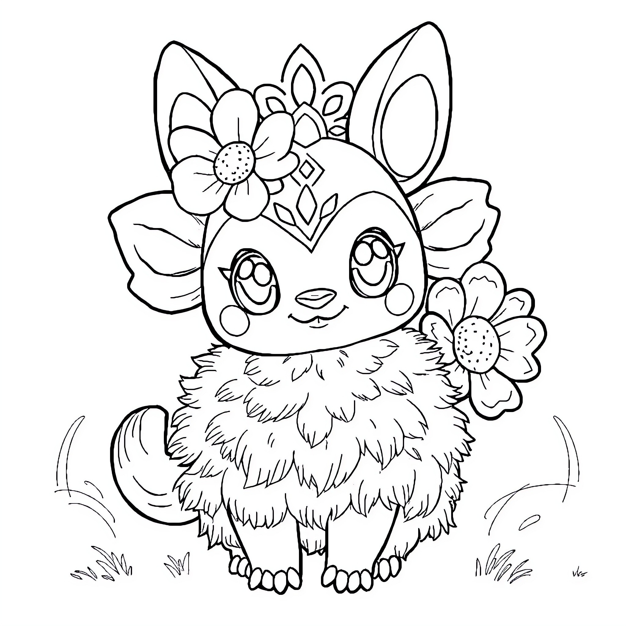 Rondoudou enjoying the flowers in nature Coloring Page (free black-and-white line drawing printable PDF for all, from beginners to advanced learners, including children, teens, adults, and seniors)