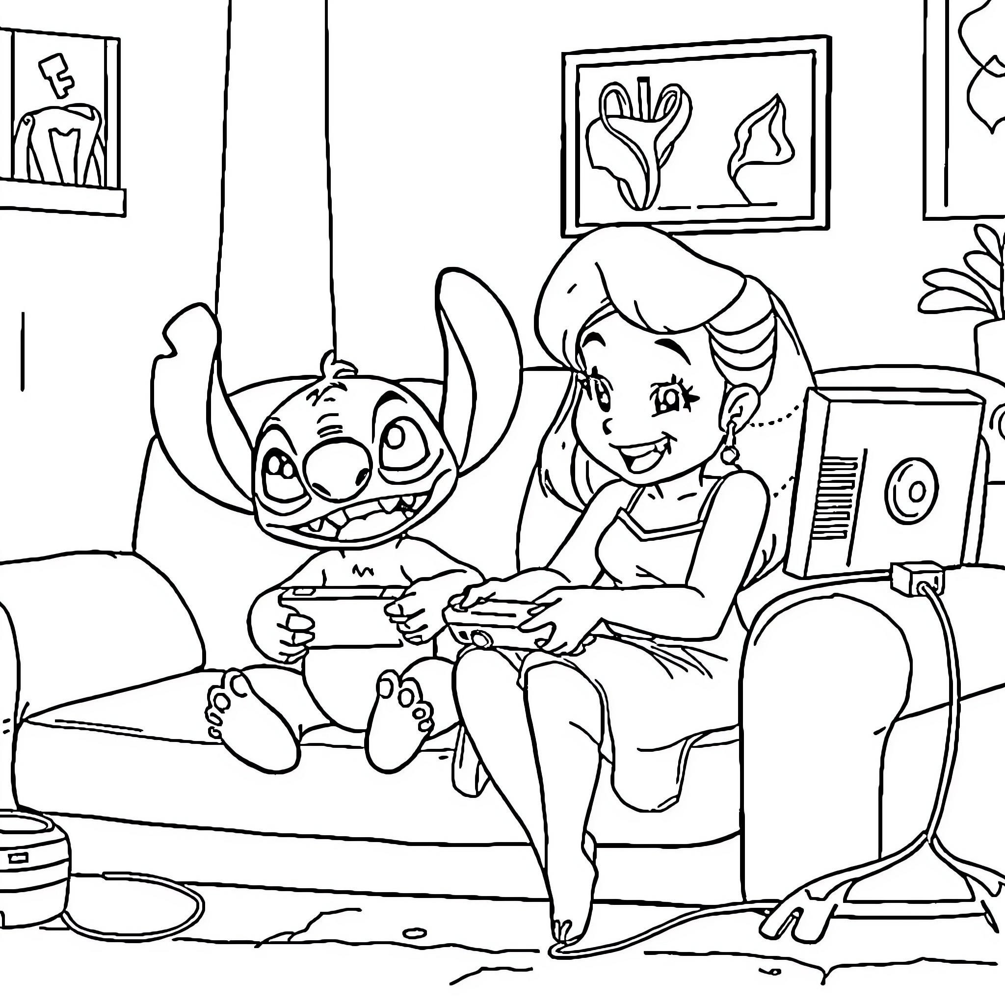 Lilo playing with Stitch on the couch Coloring Page (free black-and-white line drawing printable PDF for all, from beginners to advanced learners, including children, teens, adults, and seniors)