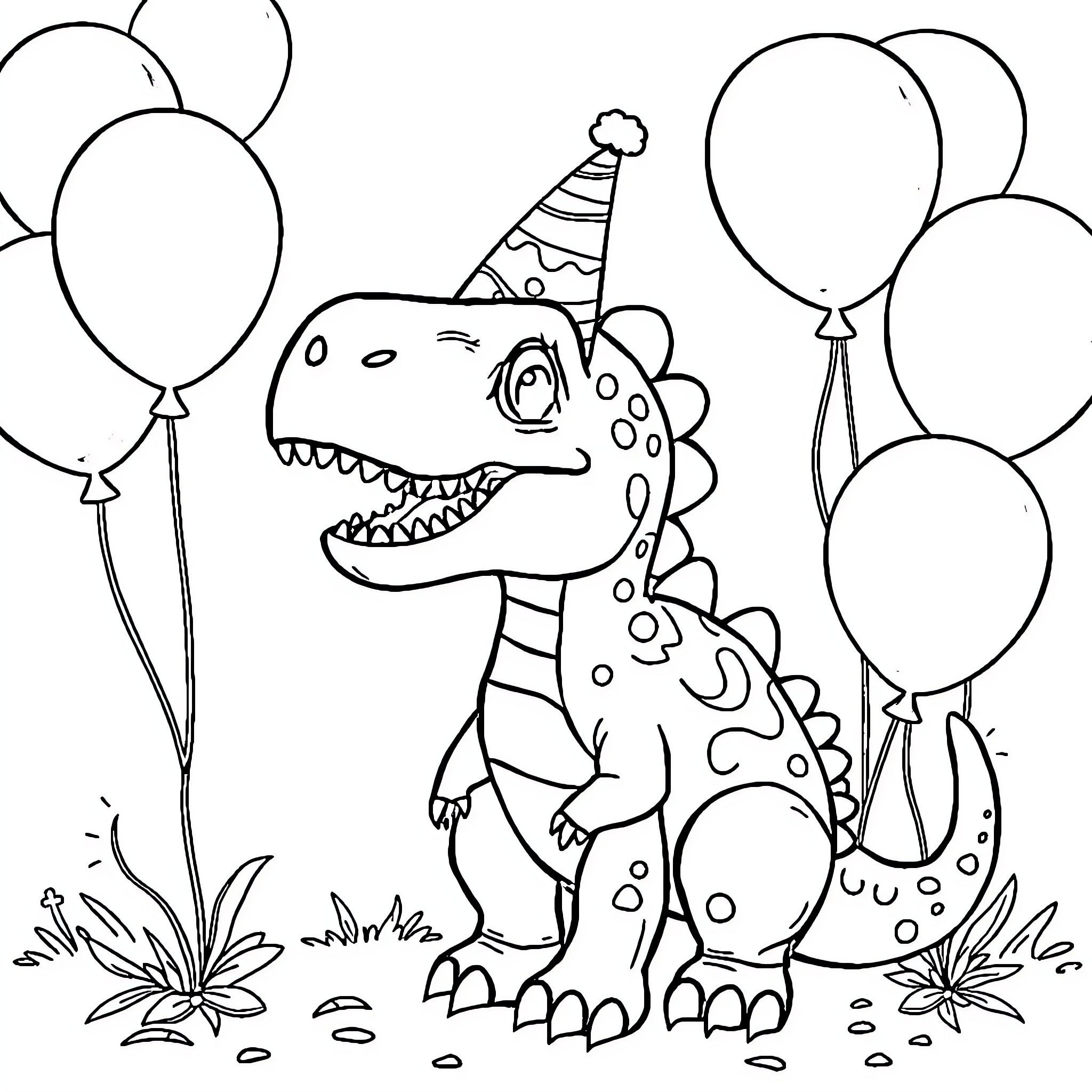 Dinosaur celebrating birthday with balloons Coloring Page (free black-and-white line drawing printable PDF for all, from beginners to advanced learners, including children, teens, adults, and seniors)