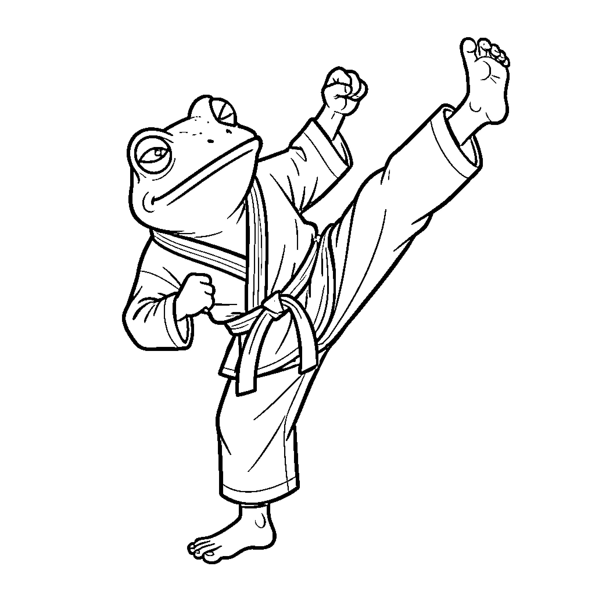 Frog practicing martial arts in a robe Coloring Page (free black-and-white line drawing printable PDF for all, from beginners to advanced learners, including children, teens, adults, and seniors)