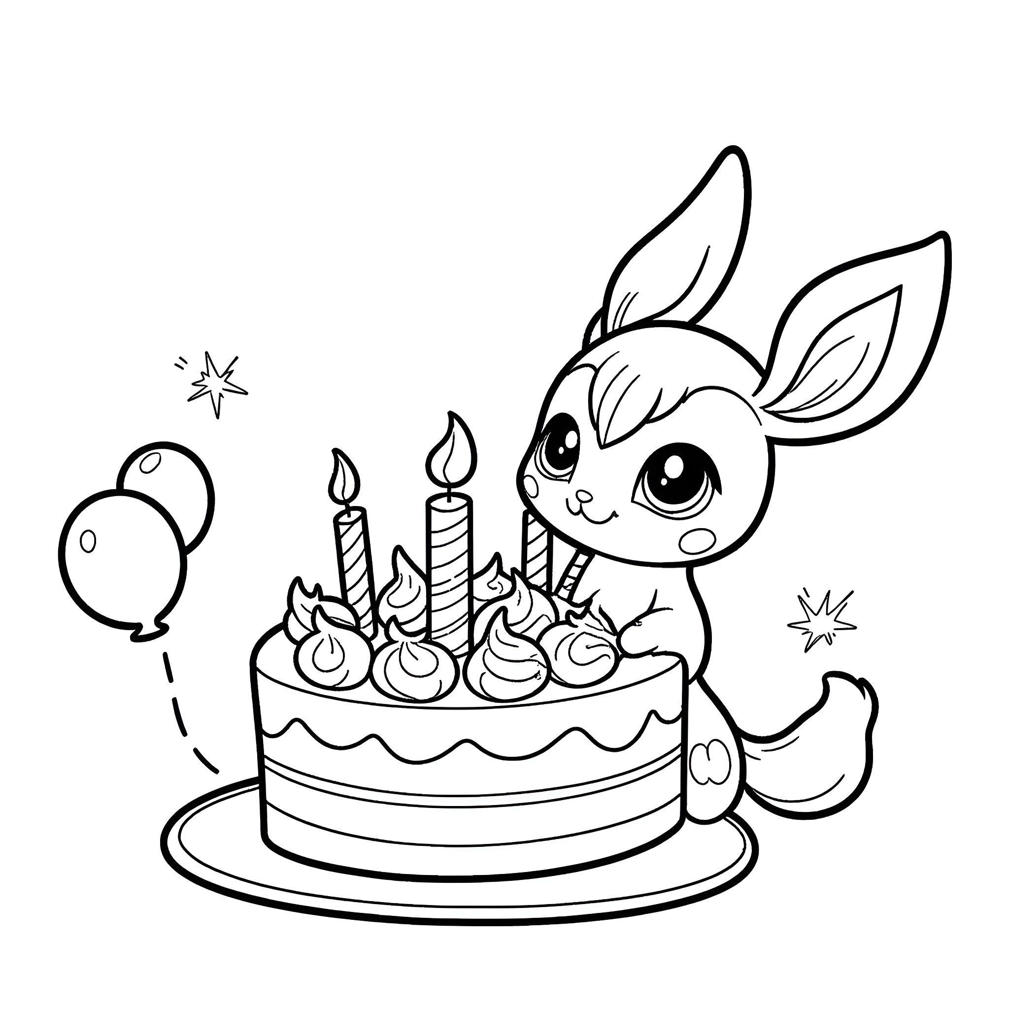 Sylveon celebrating birthday with cake and balloons Coloring Page (free black-and-white line drawing printable PDF for all, from beginners to advanced learners, including children, teens, adults, and seniors)