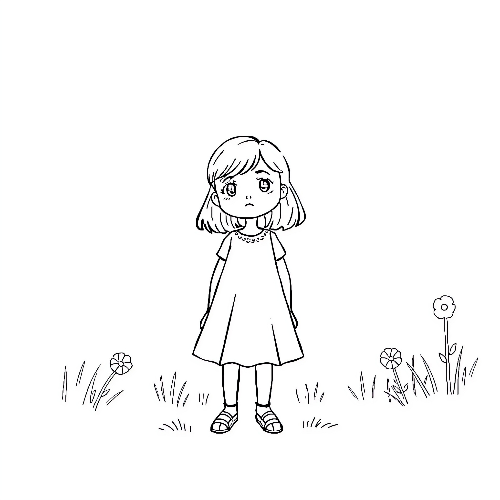 Girl standing amidst flowers in a field Coloring Page (free black-and-white line drawing printable PDF for all, from beginners to advanced learners, including children, teens, adults, and seniors)