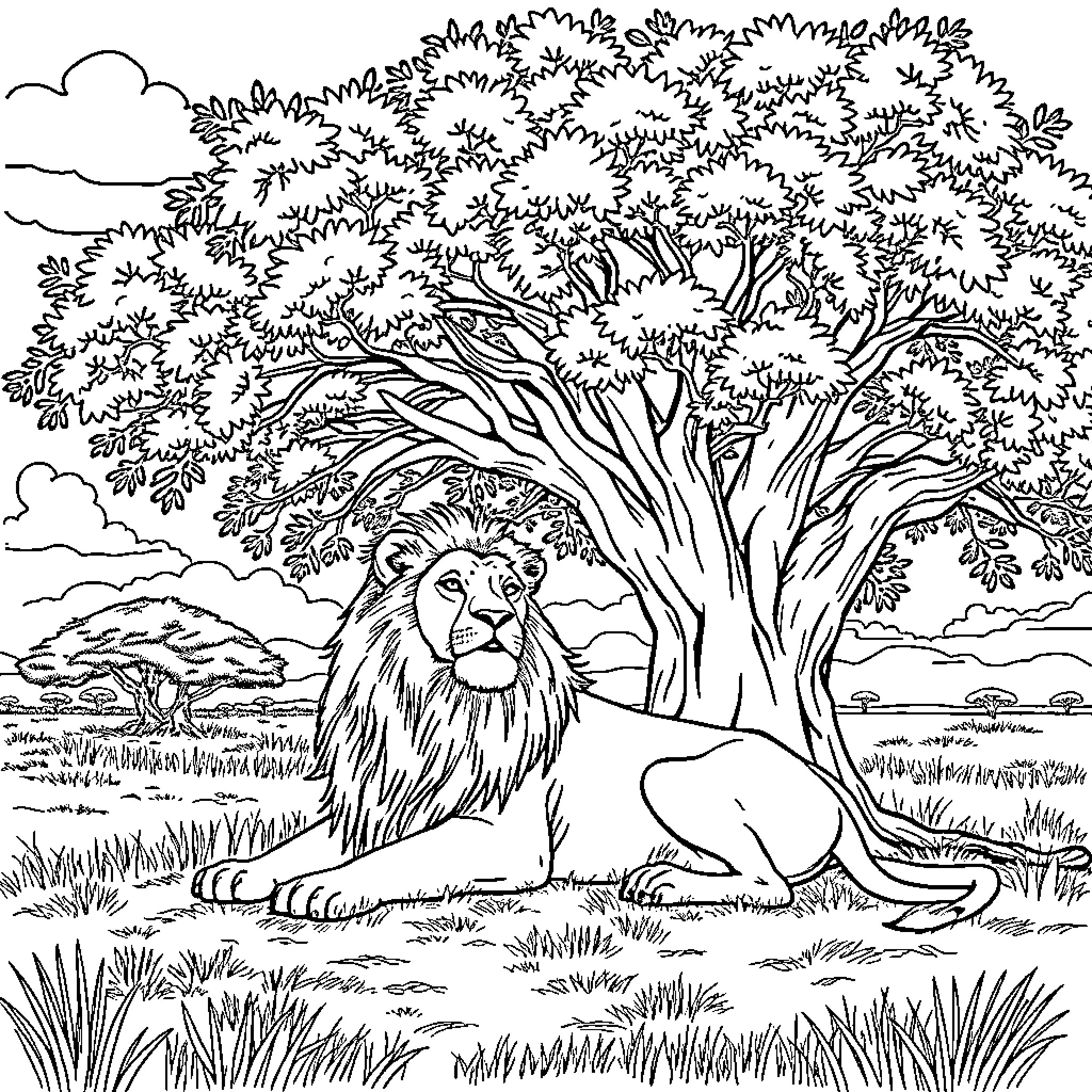 Lion resting under a large tree in the wild Coloring Page (free black-and-white line drawing printable PDF for all, from beginners to advanced learners, including children, teens, adults, and seniors)