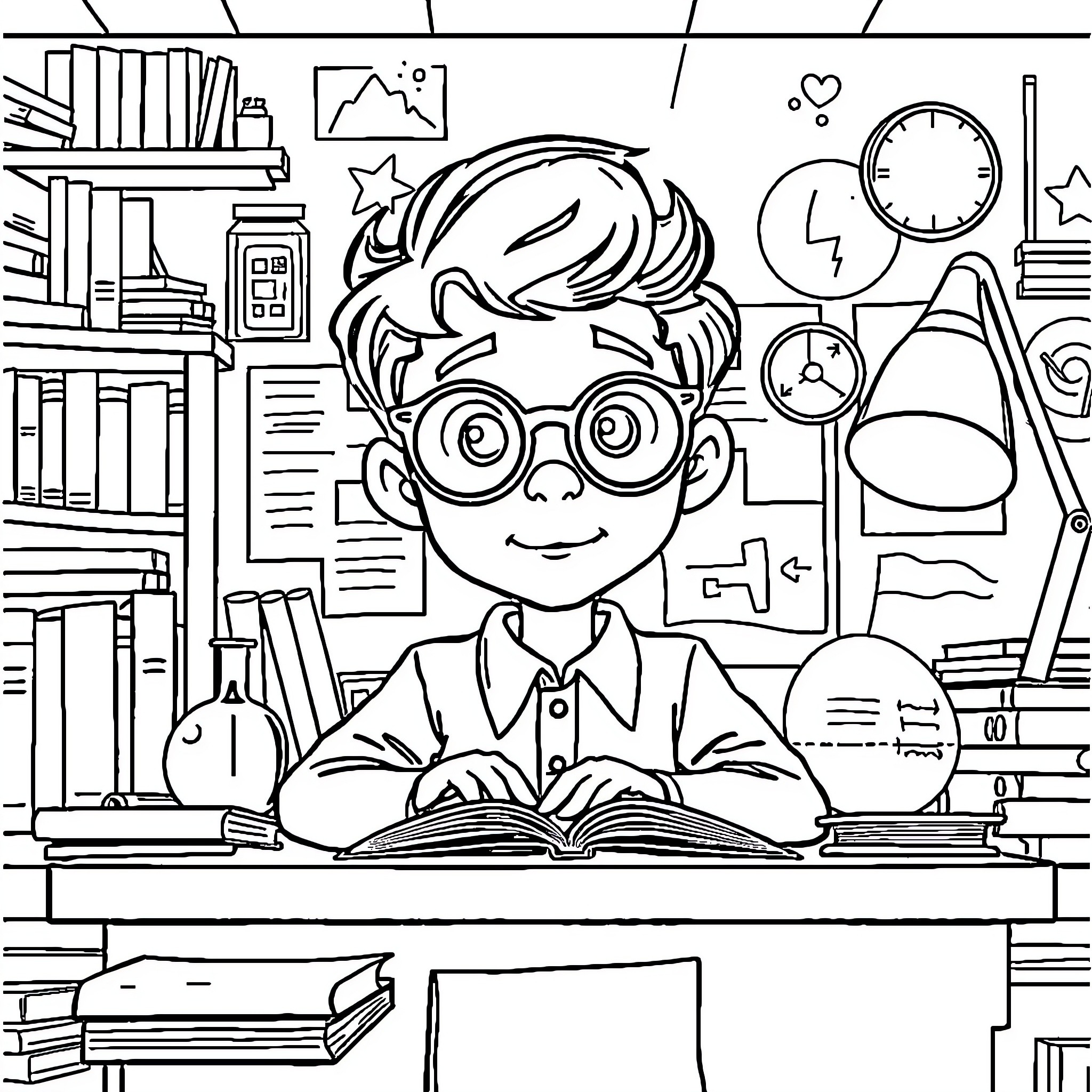 Sheldon studying diligently at his desk Coloring Page (free black-and-white line drawing printable PDF for all, from beginners to advanced learners, including children, teens, adults, and seniors)