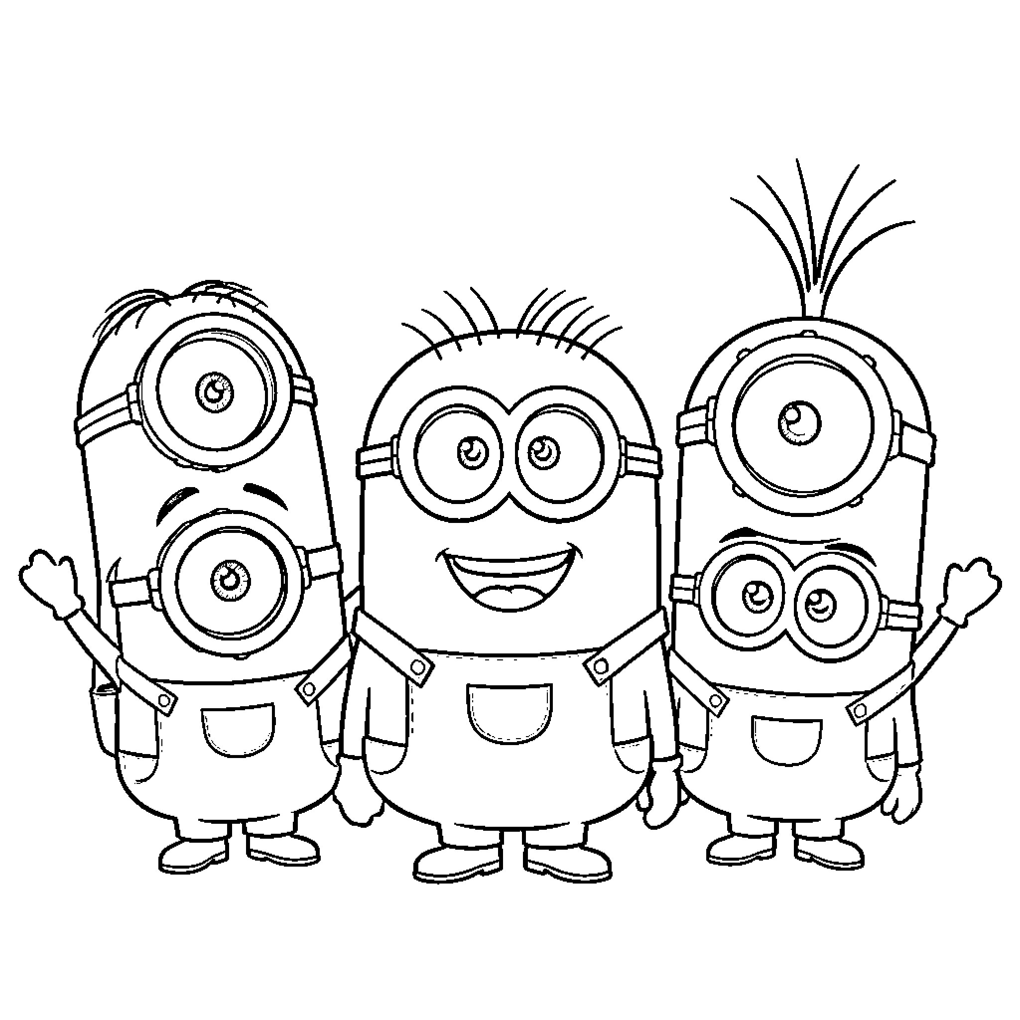 Minions standing together and smiling happily Coloring Page (free black-and-white line drawing printable PDF for all, from beginners to advanced learners, including children, teens, adults, and seniors)