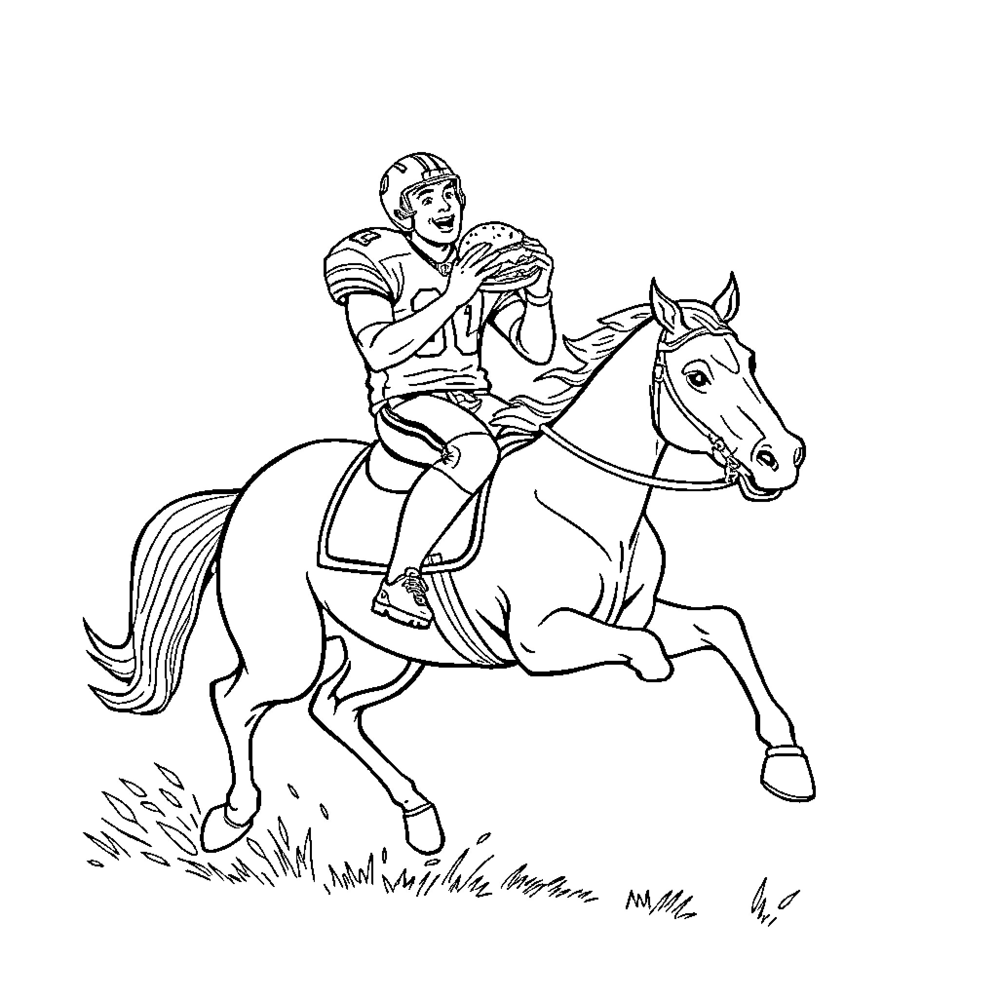 Football Player Riding Horse in Outdoor Scene Coloring Page (free black-and-white line drawing printable PDF for all, from beginners to advanced learners, including children, teens, adults, and seniors)