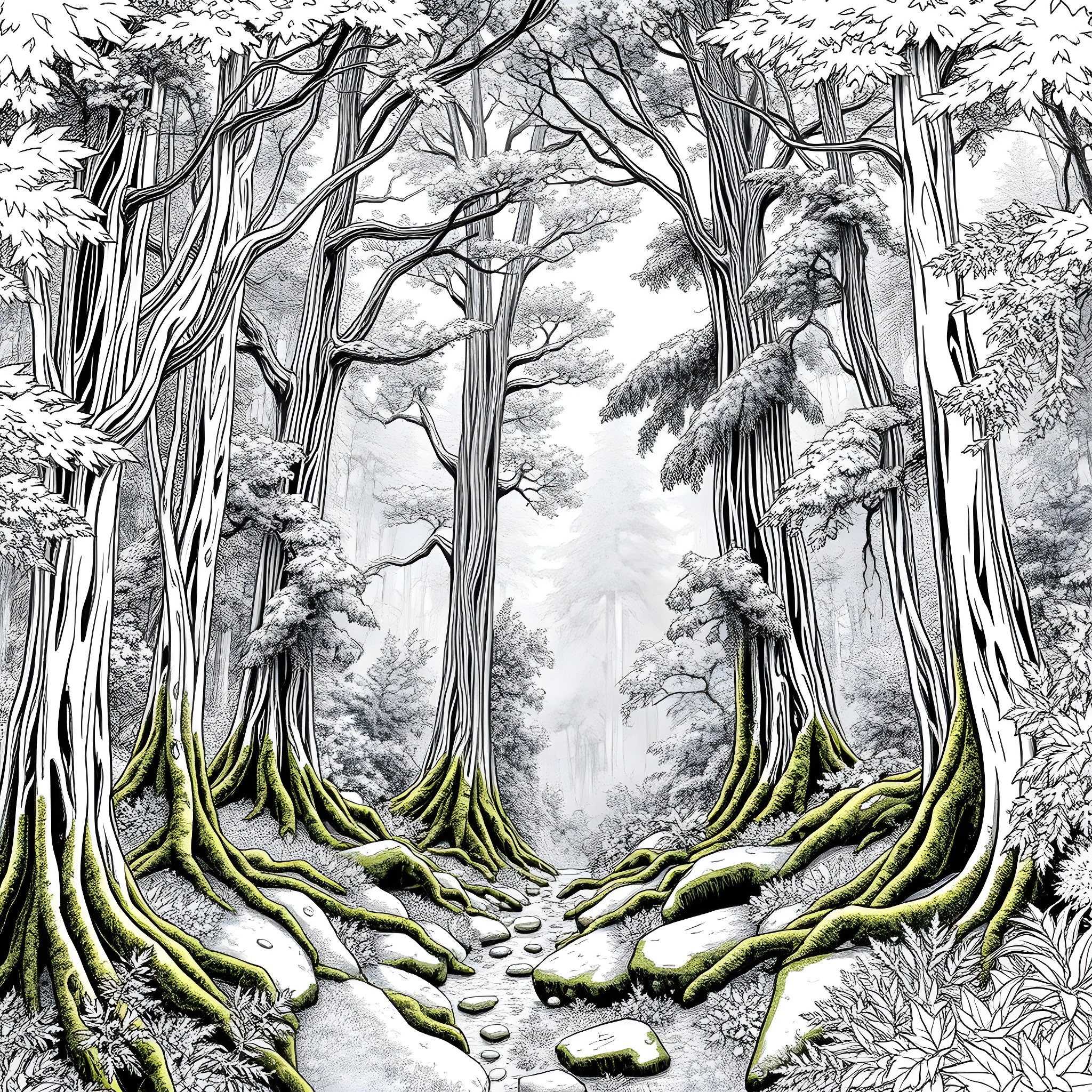 Forest Path in Winter Wonderland Coloring Page (free black-and-white line drawing printable PDF for all, from beginners to advanced learners, including children, teens, adults, and seniors)