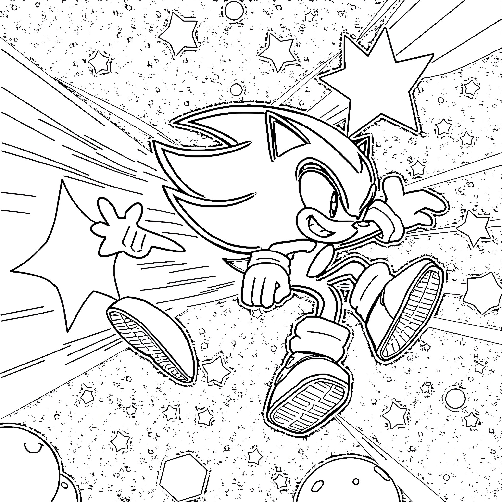 Sonic racing through a starry night scene Coloring Page (free black-and-white line drawing printable PDF for all, from beginners to advanced learners, including children, teens, adults, and seniors)