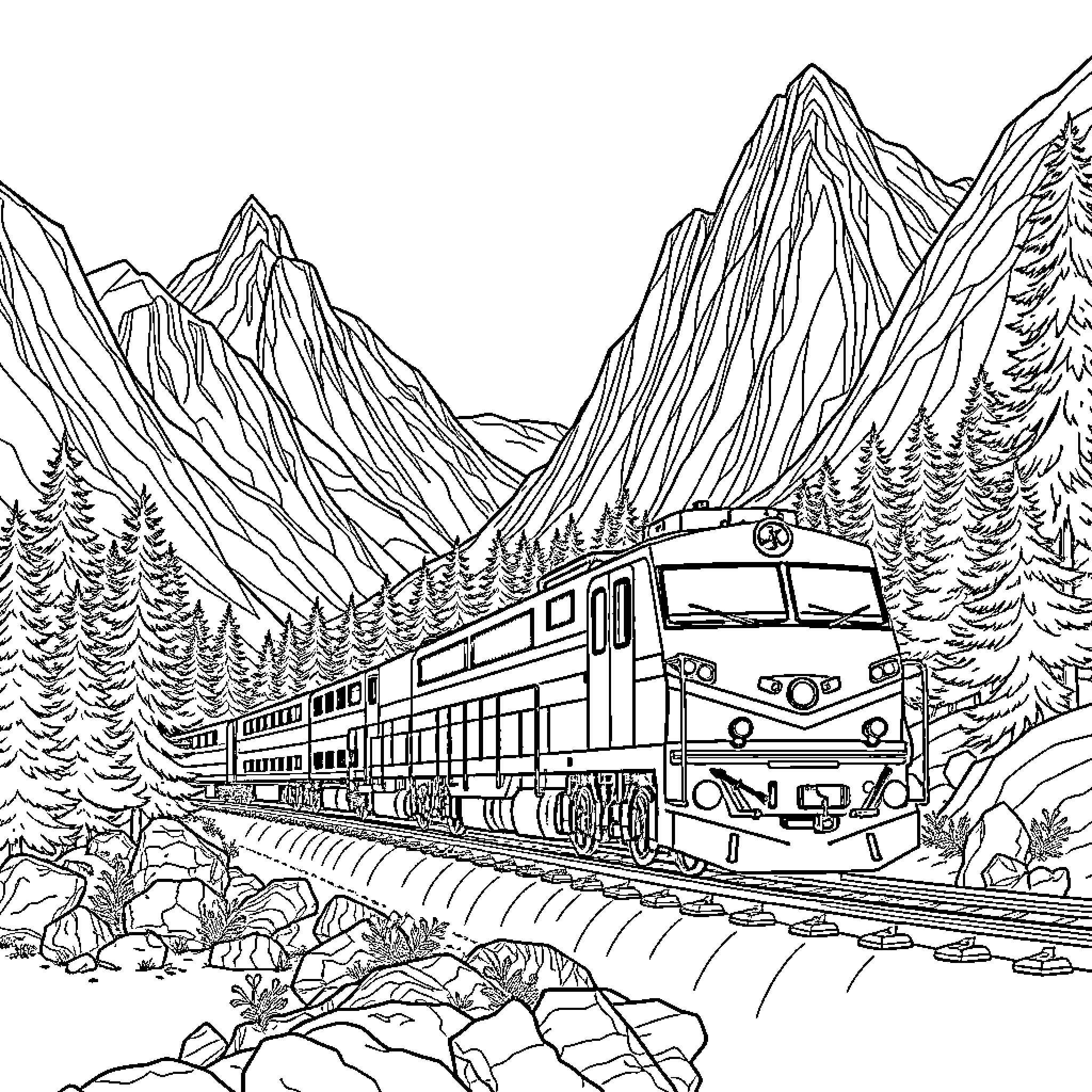 Train traversing through majestic mountain landscape Coloring Page (free black-and-white line drawing printable PDF for all, from beginners to advanced learners, including children, teens, adults, and seniors)
