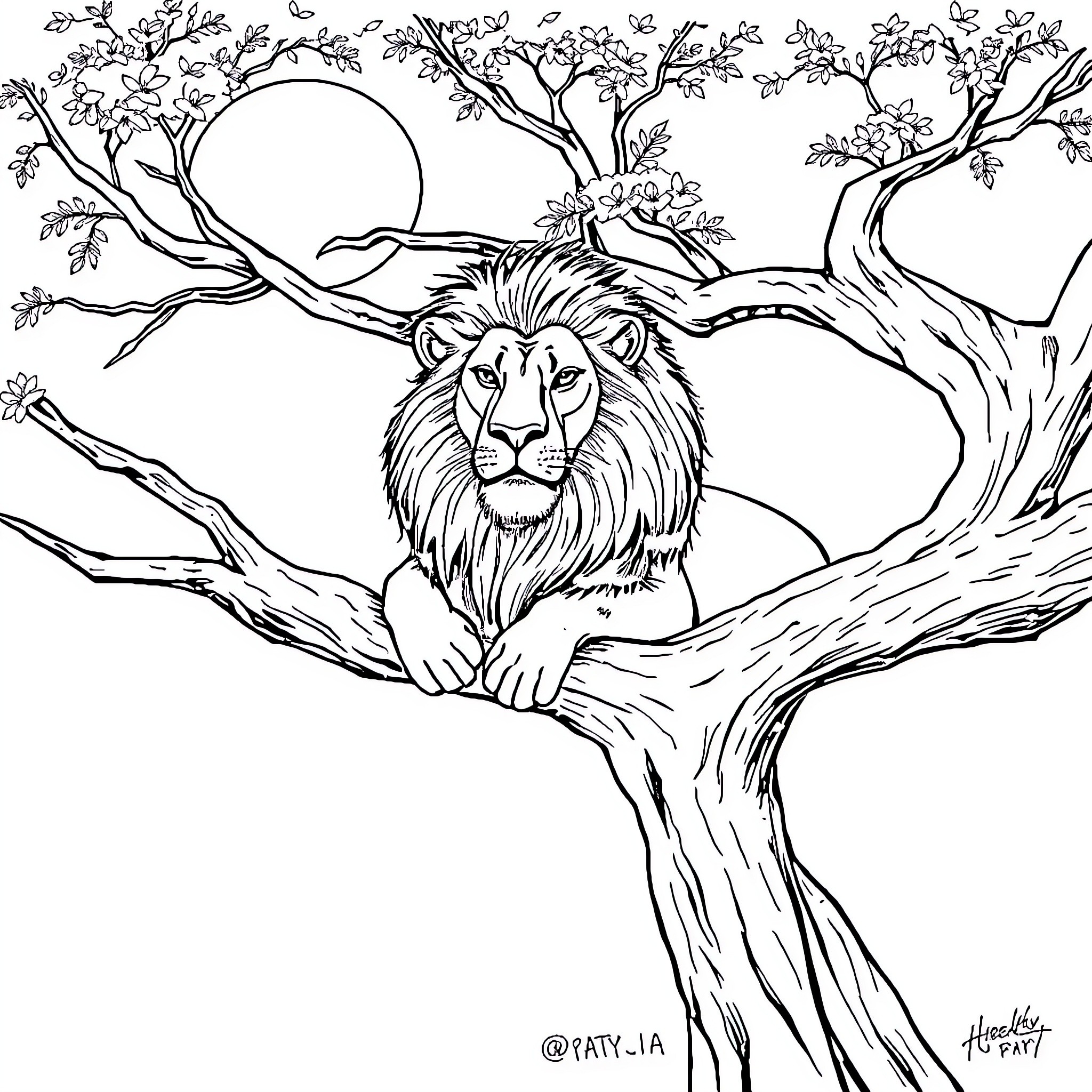 Lion amidst the branches in a serene landscape Coloring Page (free black-and-white line drawing printable PDF for all, from beginners to advanced learners, including children, teens, adults, and seniors)