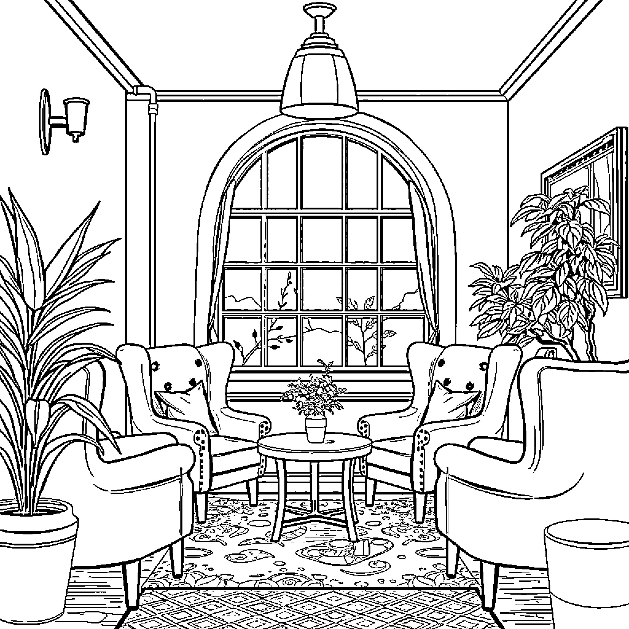 Thomas's Cozy Indoor Gathering in the Living Room Coloring Page (free black-and-white line drawing printable PDF for all, from beginners to advanced learners, including children, teens, adults, and seniors)