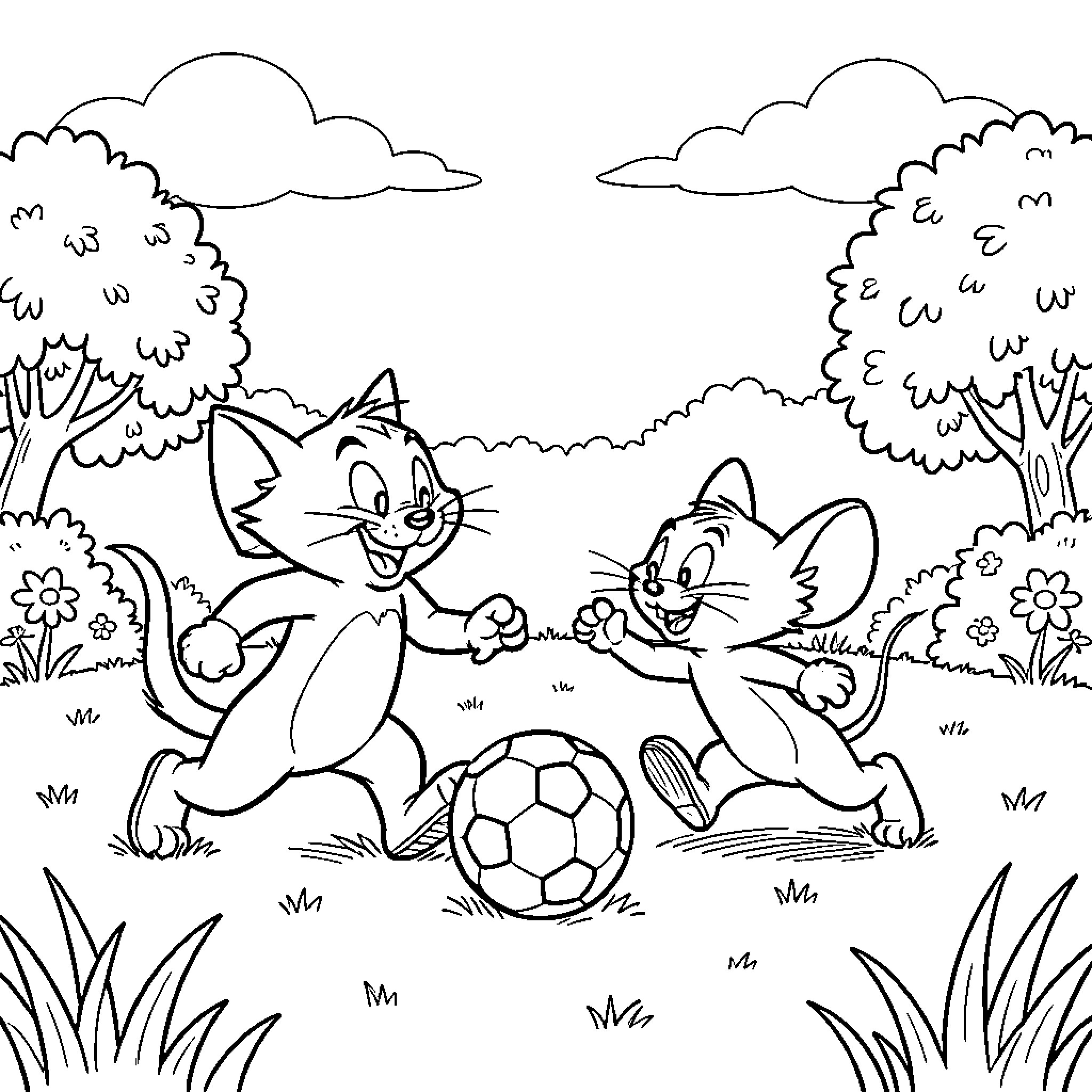 Tom and Jerry playing soccer in a grassy field Coloring Page (free black-and-white line drawing printable PDF for all, from beginners to advanced learners, including children, teens, adults, and seniors)