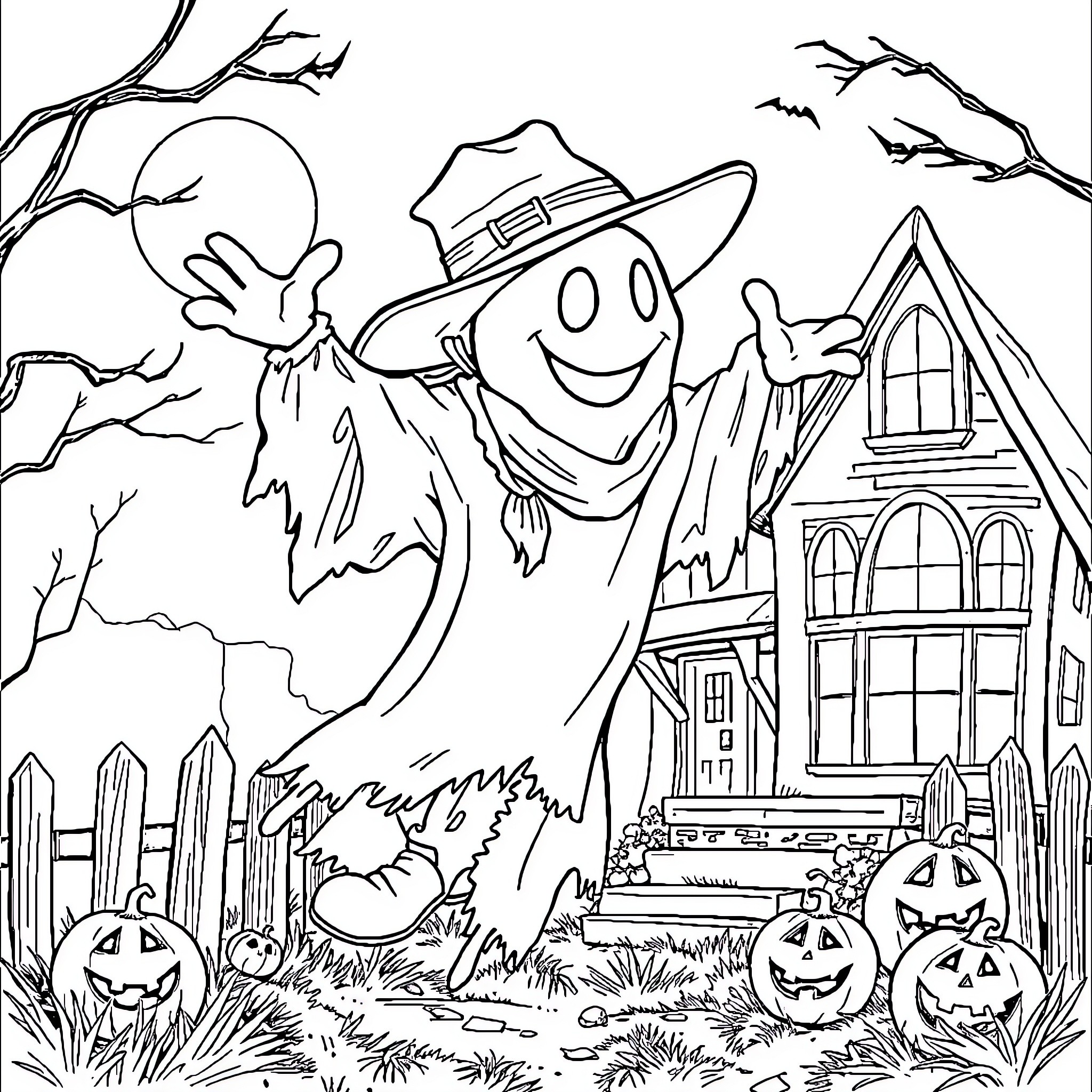 Cowboy Scarecrow Celebrating Halloween in the Neighborhood Coloring Page (free black-and-white line drawing printable PDF for all, from beginners to advanced learners, including children, teens, adults, and seniors)