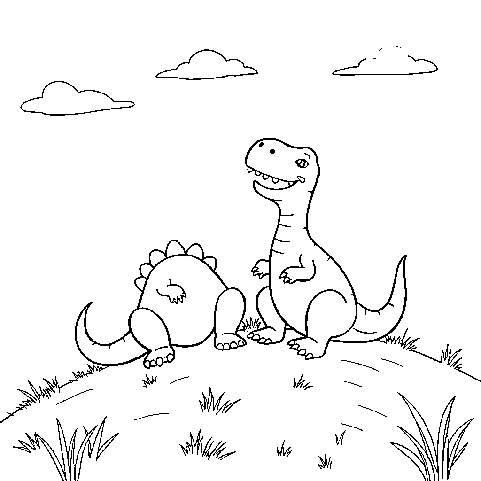 Dinosaurs playing happily in the meadow Coloring Page (free black-and-white line drawing printable PDF for all, from beginners to advanced learners, including children, teens, adults, and seniors)