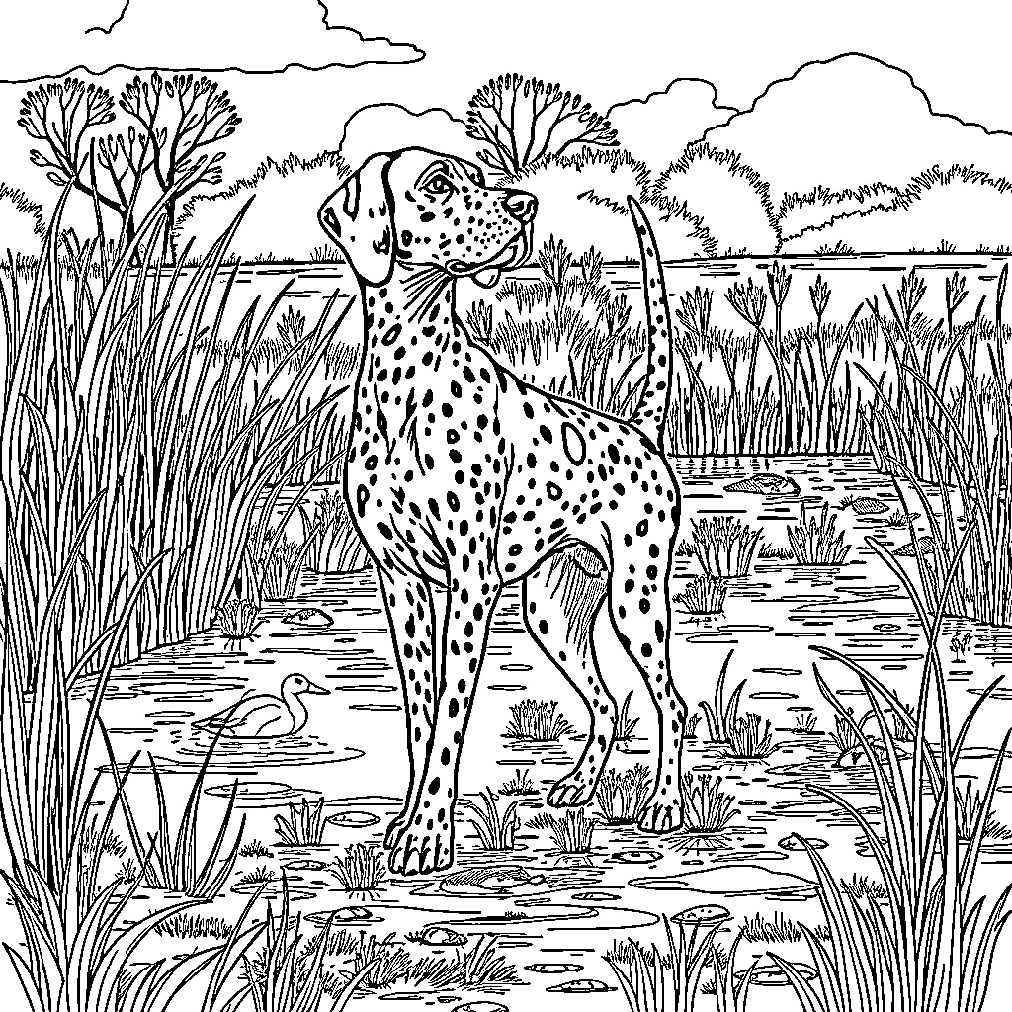 German Shorthair Pointer standing in a nature scene Coloring Page (free black-and-white line drawing printable PDF for all, from beginners to advanced learners, including children, teens, adults, and seniors)