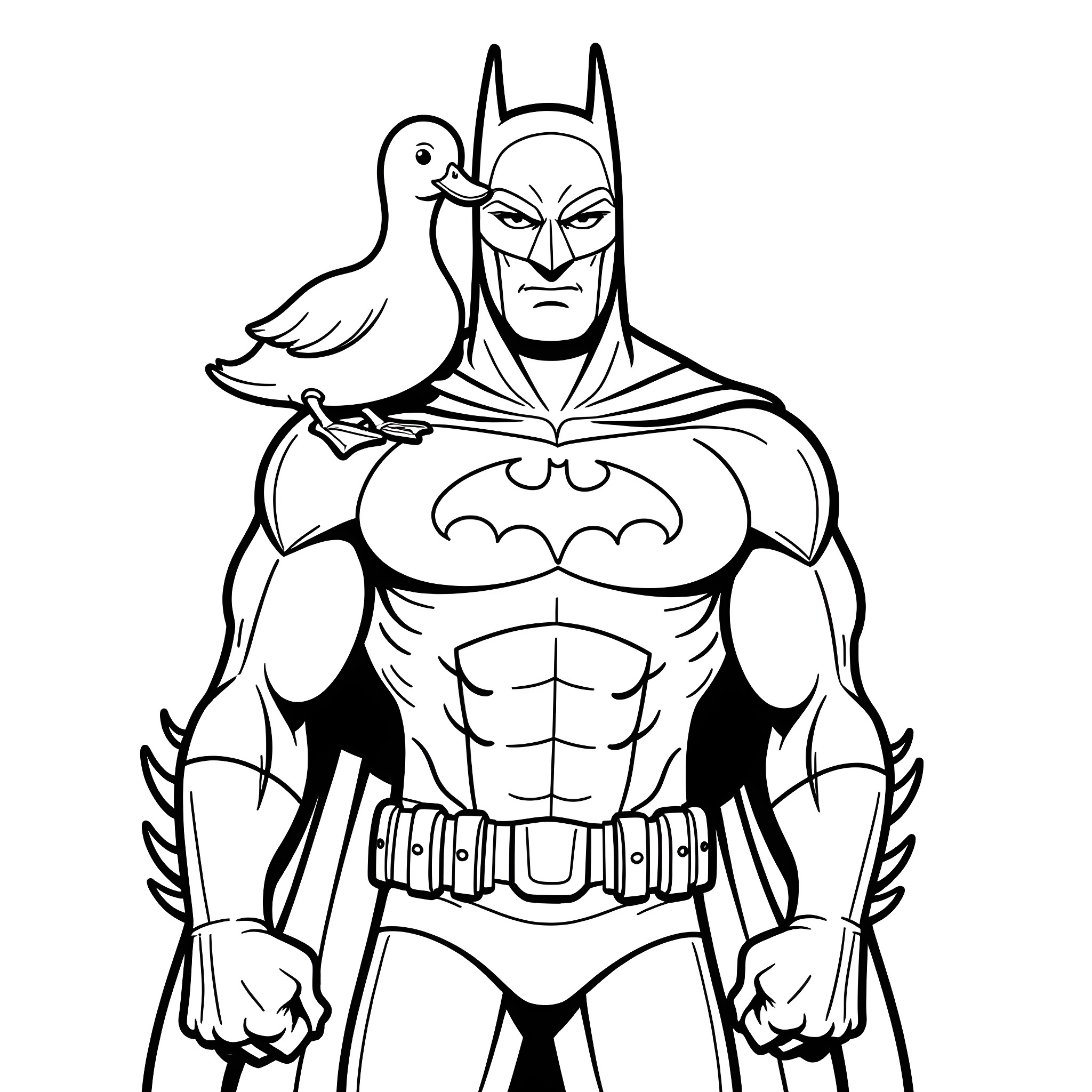 Duck with Batman's Appearance and Pose Coloring Page (free black-and-white line drawing printable PDF for all, from beginners to advanced learners, including children, teens, adults, and seniors)