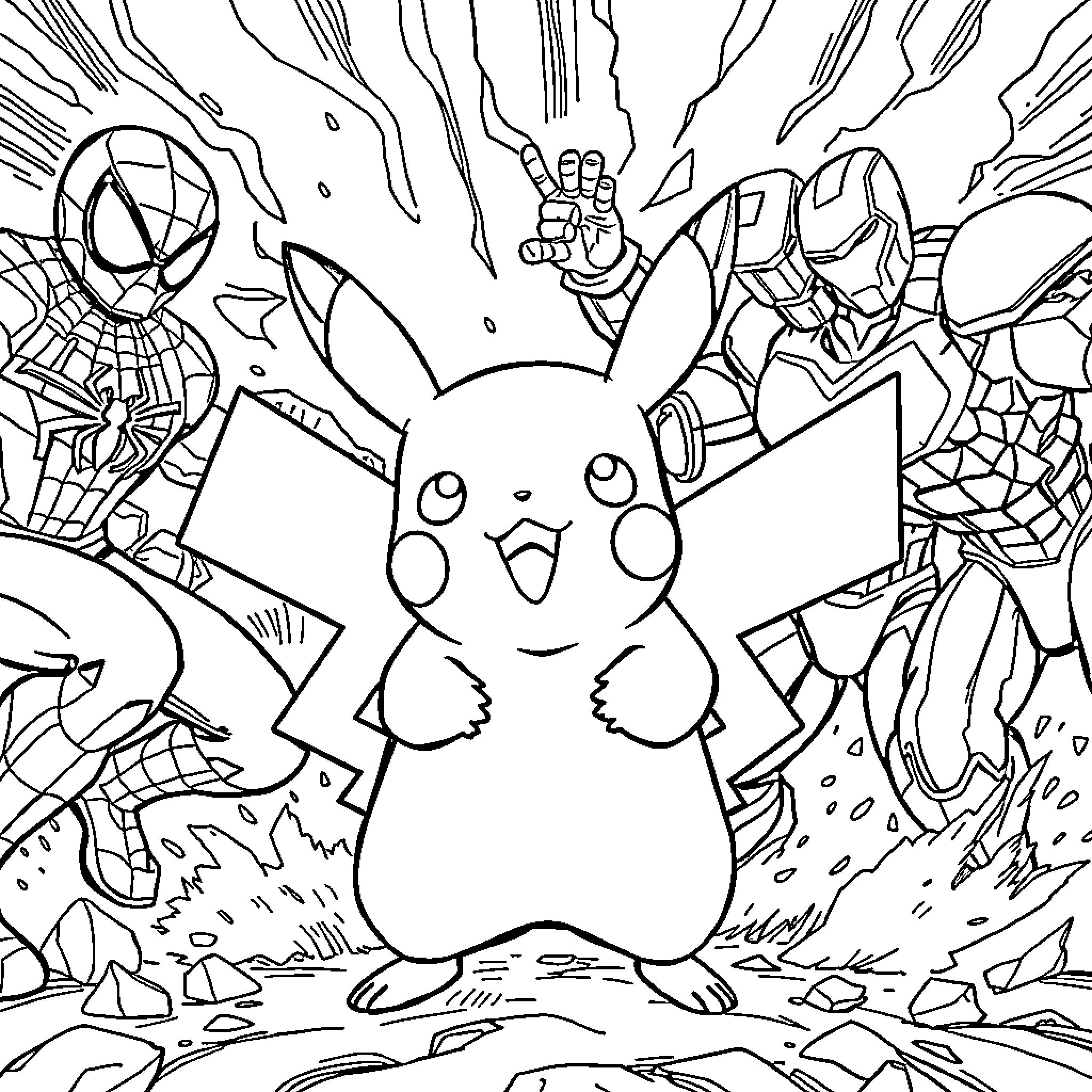 Pikachu surrounded by superhero characters Coloring Page (free black-and-white line drawing printable PDF for all, from beginners to advanced learners, including children, teens, adults, and seniors)
